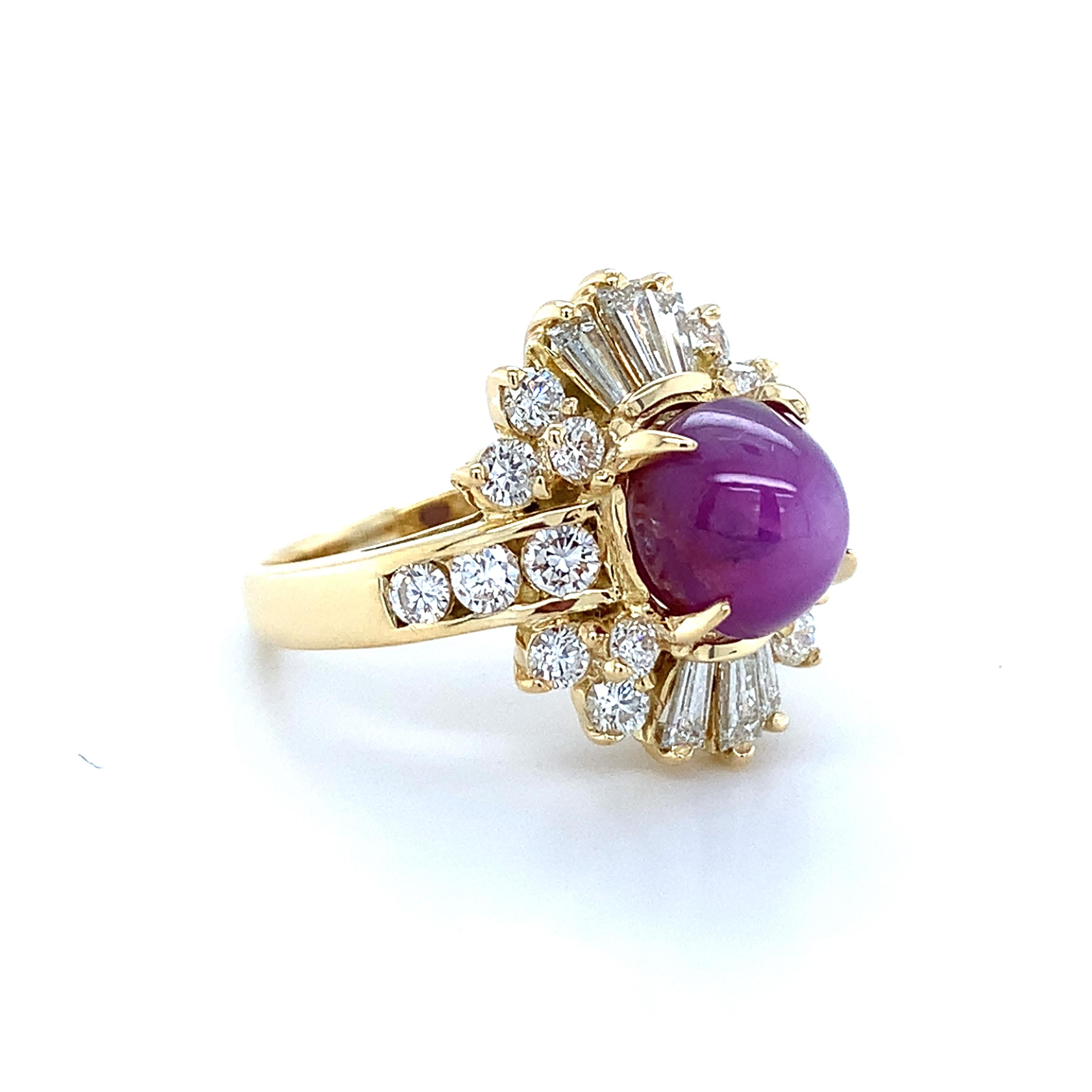 18K Yellow Gold Sugarloaf Star Ruby W/ Baguette & Round Diamond Ballerina Ring