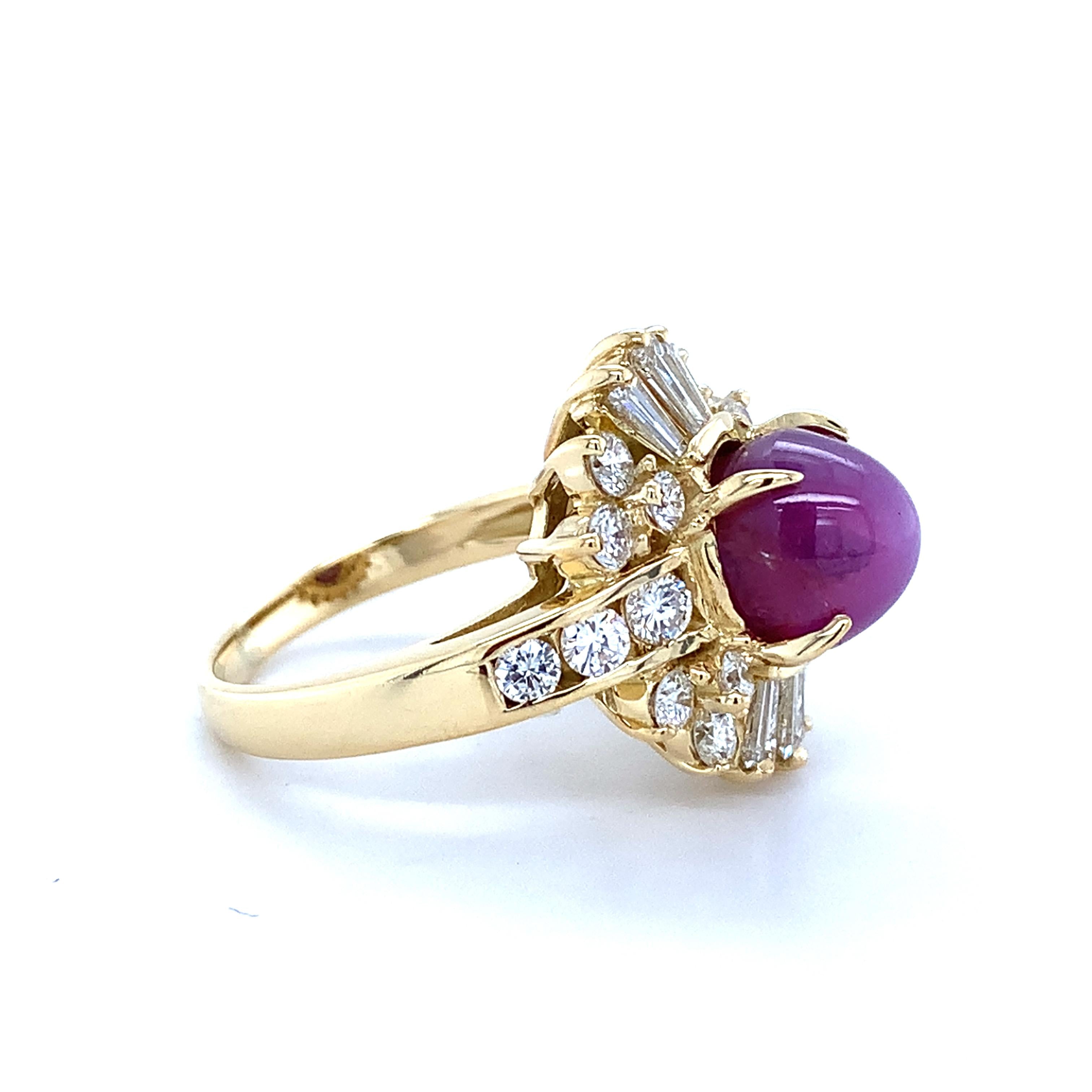 18K Yellow Gold Sugarloaf Star Ruby W/ Baguette & Round Diamond Ballerina Ring