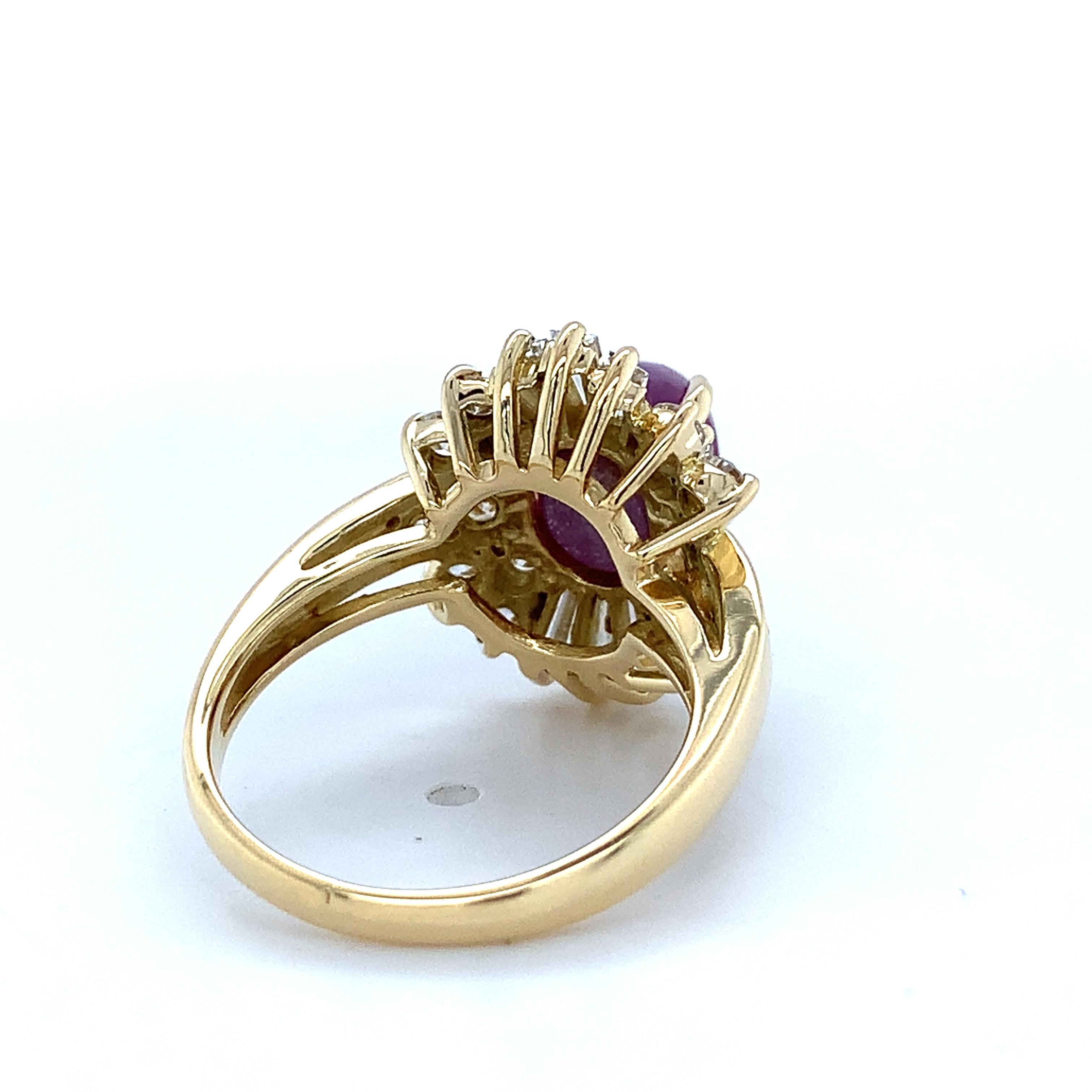 18K Yellow Gold Sugarloaf Star Ruby W/ Baguette & Round Diamond Ballerina Ring