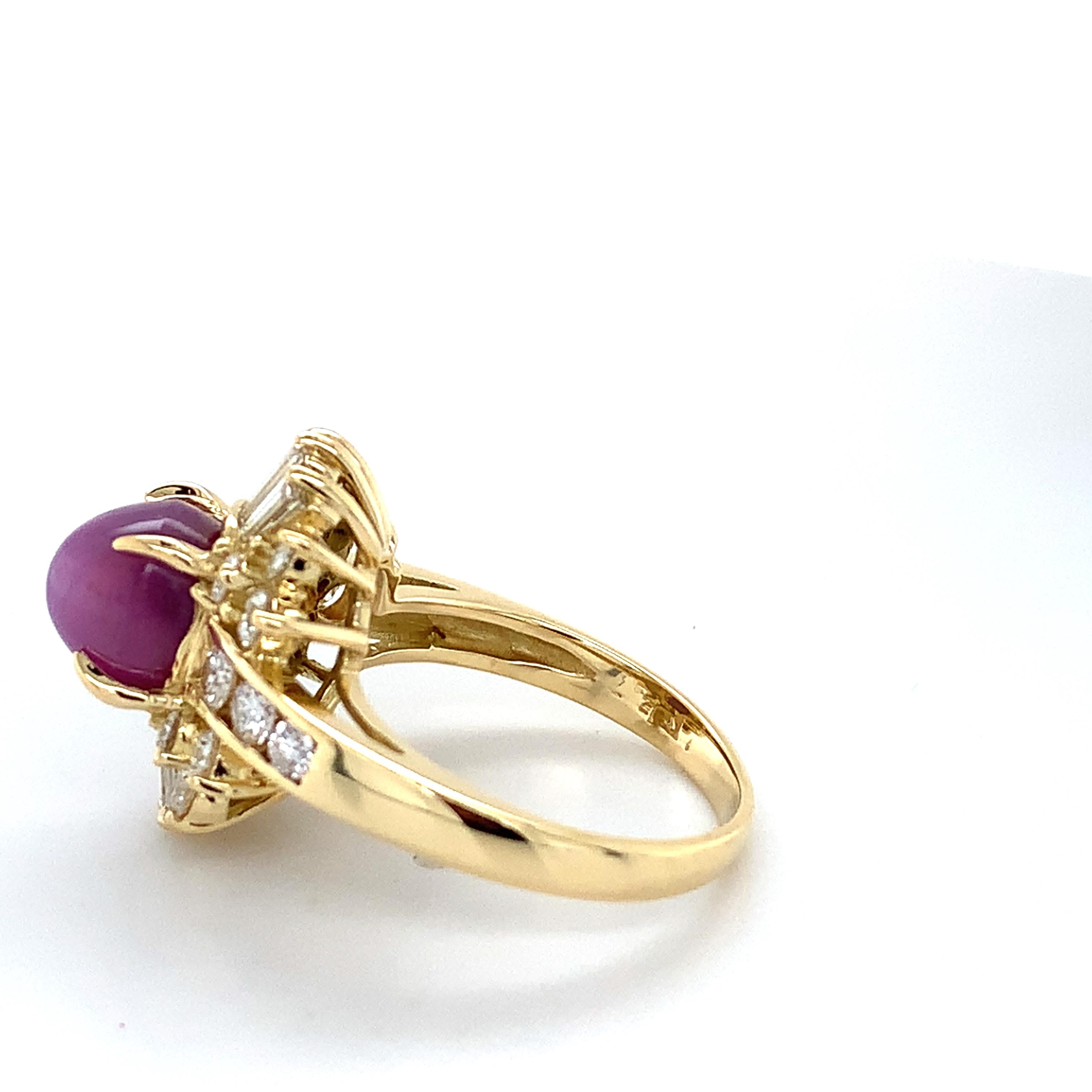 18K Yellow Gold Sugarloaf Star Ruby W/ Baguette & Round Diamond Ballerina Ring