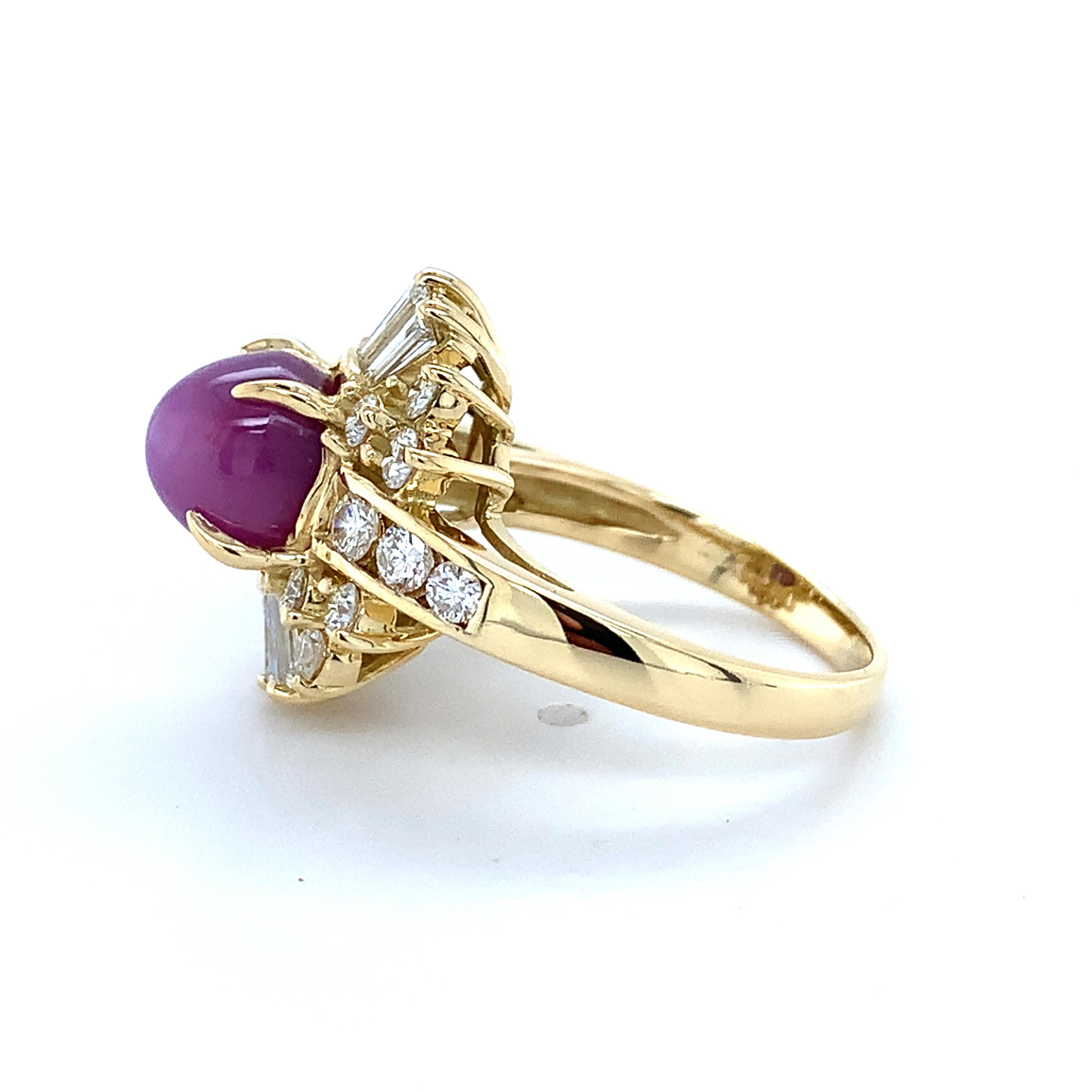 18K Yellow Gold Sugarloaf Star Ruby W/ Baguette & Round Diamond Ballerina Ring