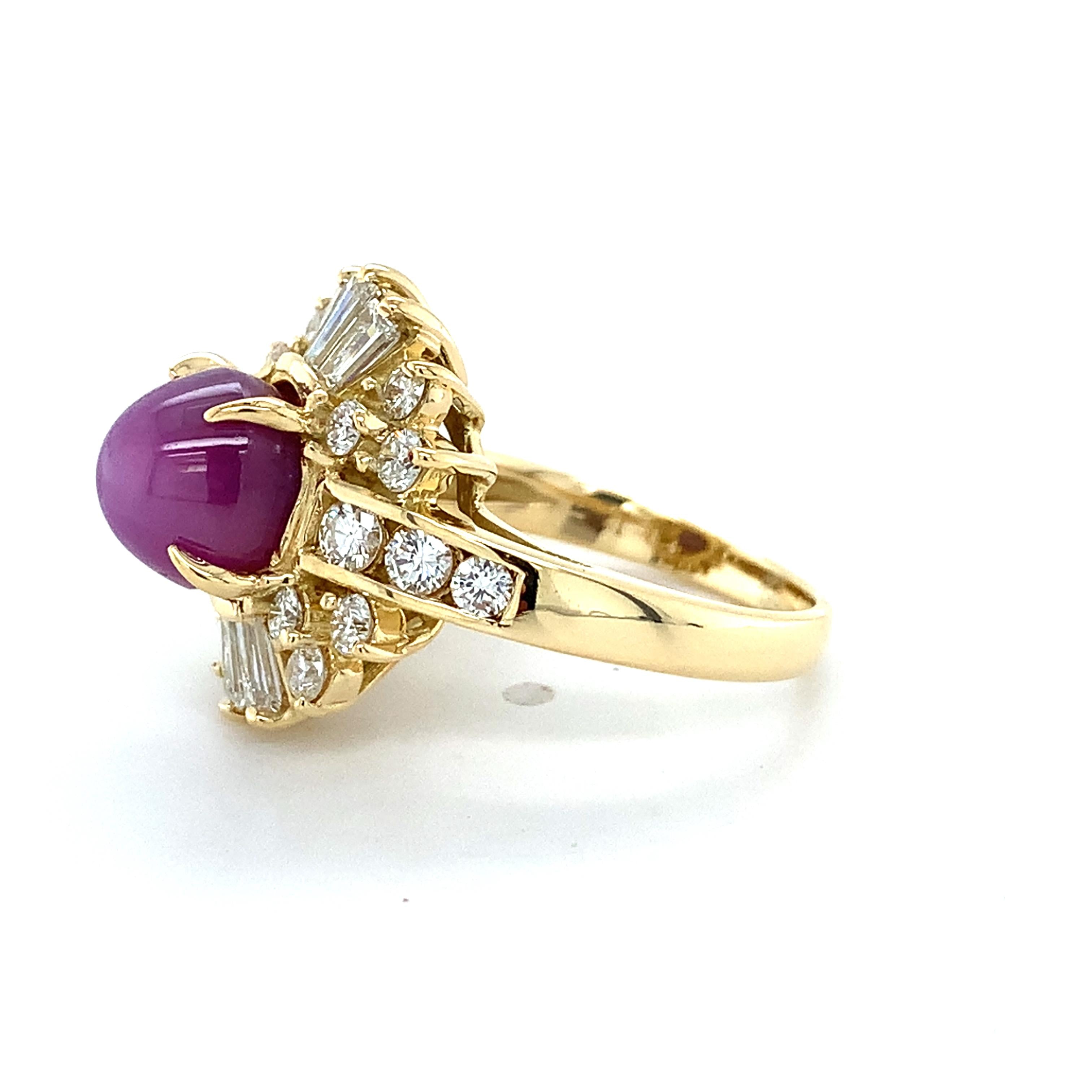 18K Yellow Gold Sugarloaf Star Ruby W/ Baguette & Round Diamond Ballerina Ring