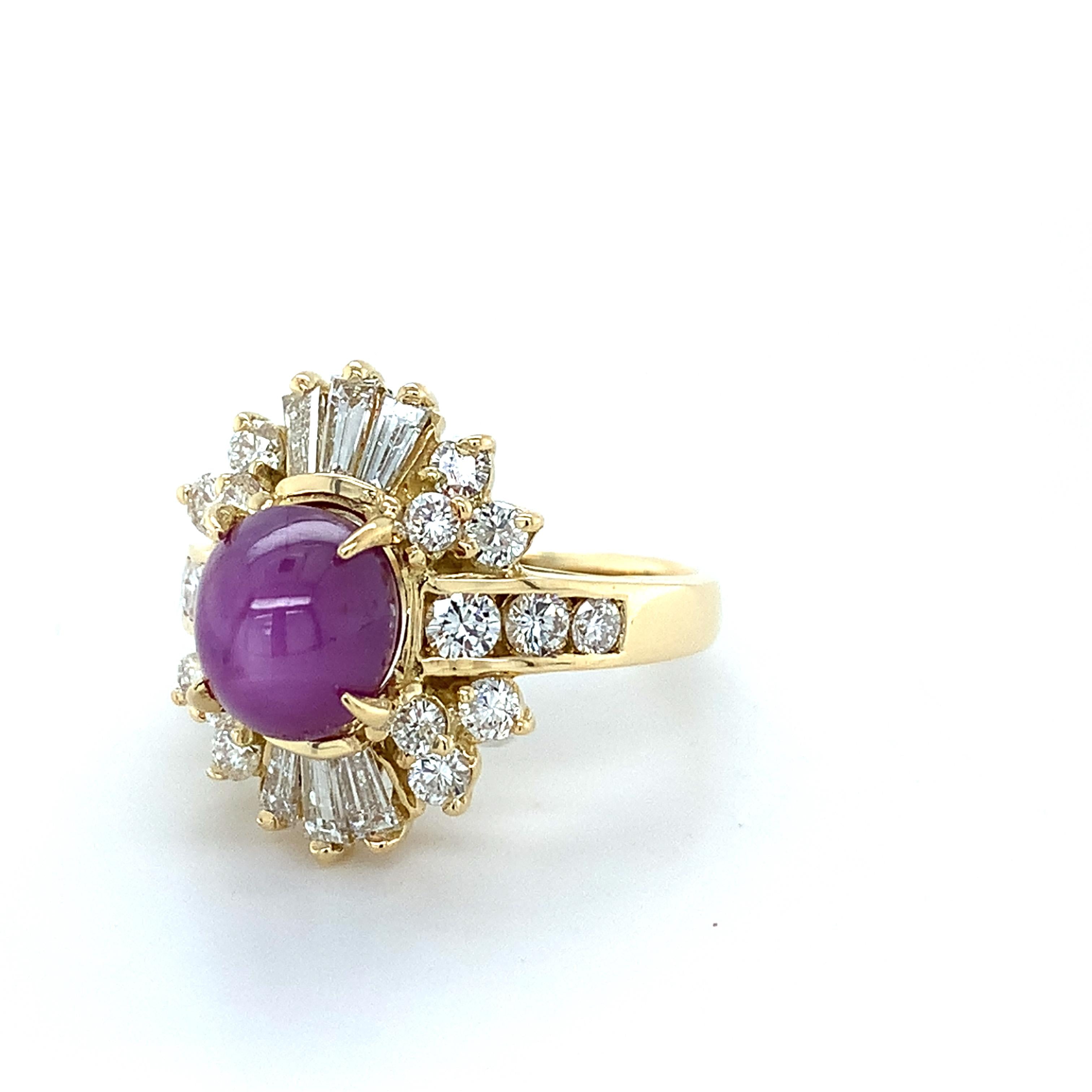 18K Yellow Gold Sugarloaf Star Ruby W/ Baguette & Round Diamond Ballerina Ring