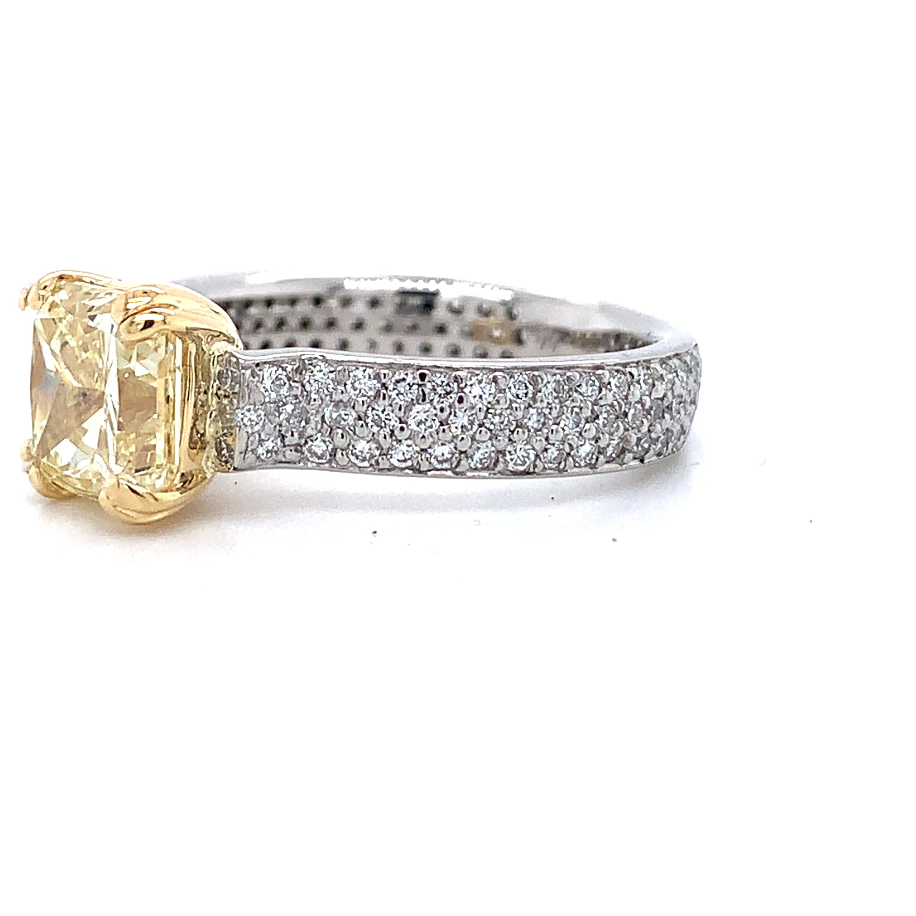 Platinum & 18K Yellow Gold 2CT Fancy Yellow Radiant Cut And Pave Diamond Ring