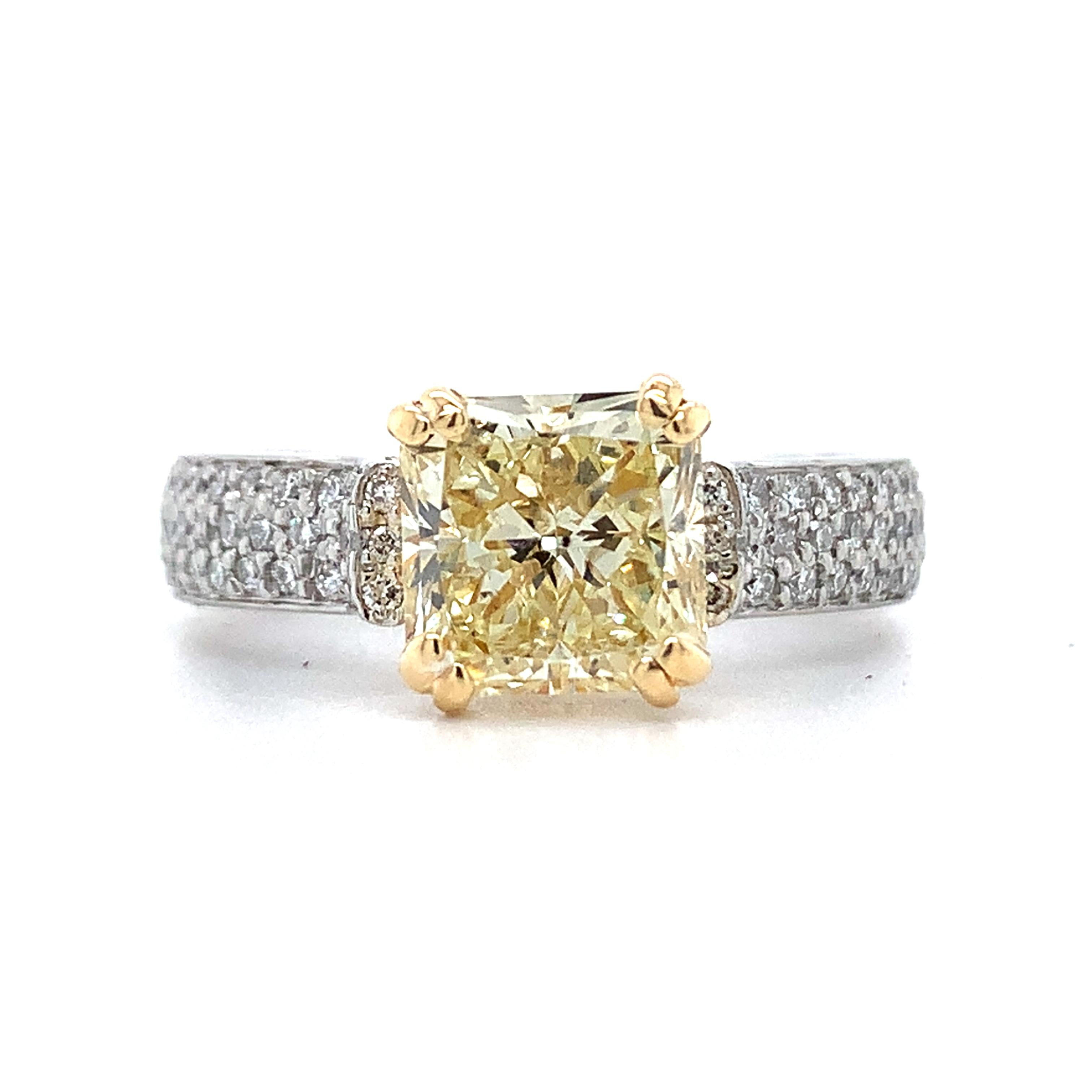 Platinum & 18K Yellow Gold 2CT Fancy Yellow Radiant Cut And Pave Diamond Ring