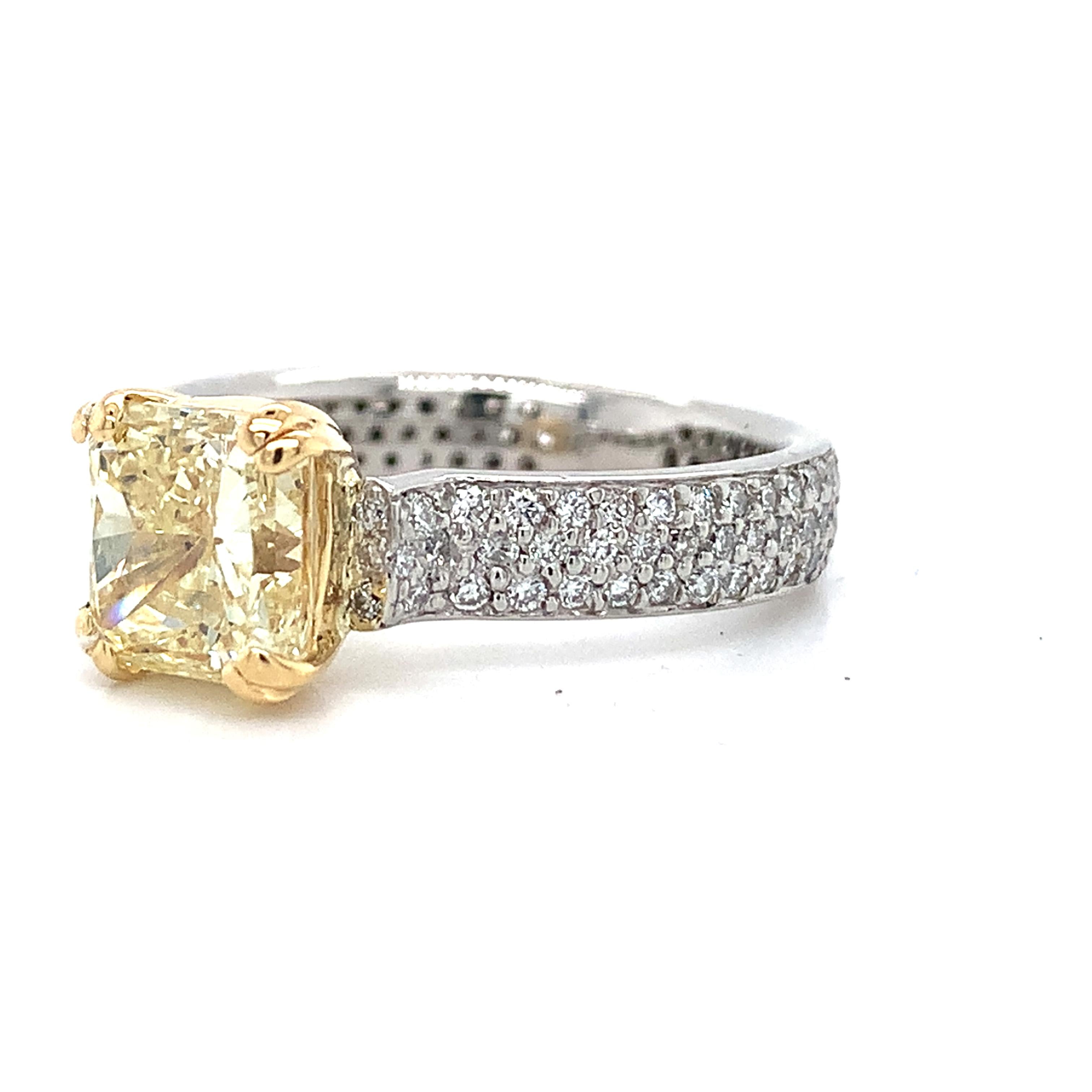 Platinum & 18K Yellow Gold 2CT Fancy Yellow Radiant Cut And Pave Diamond Ring