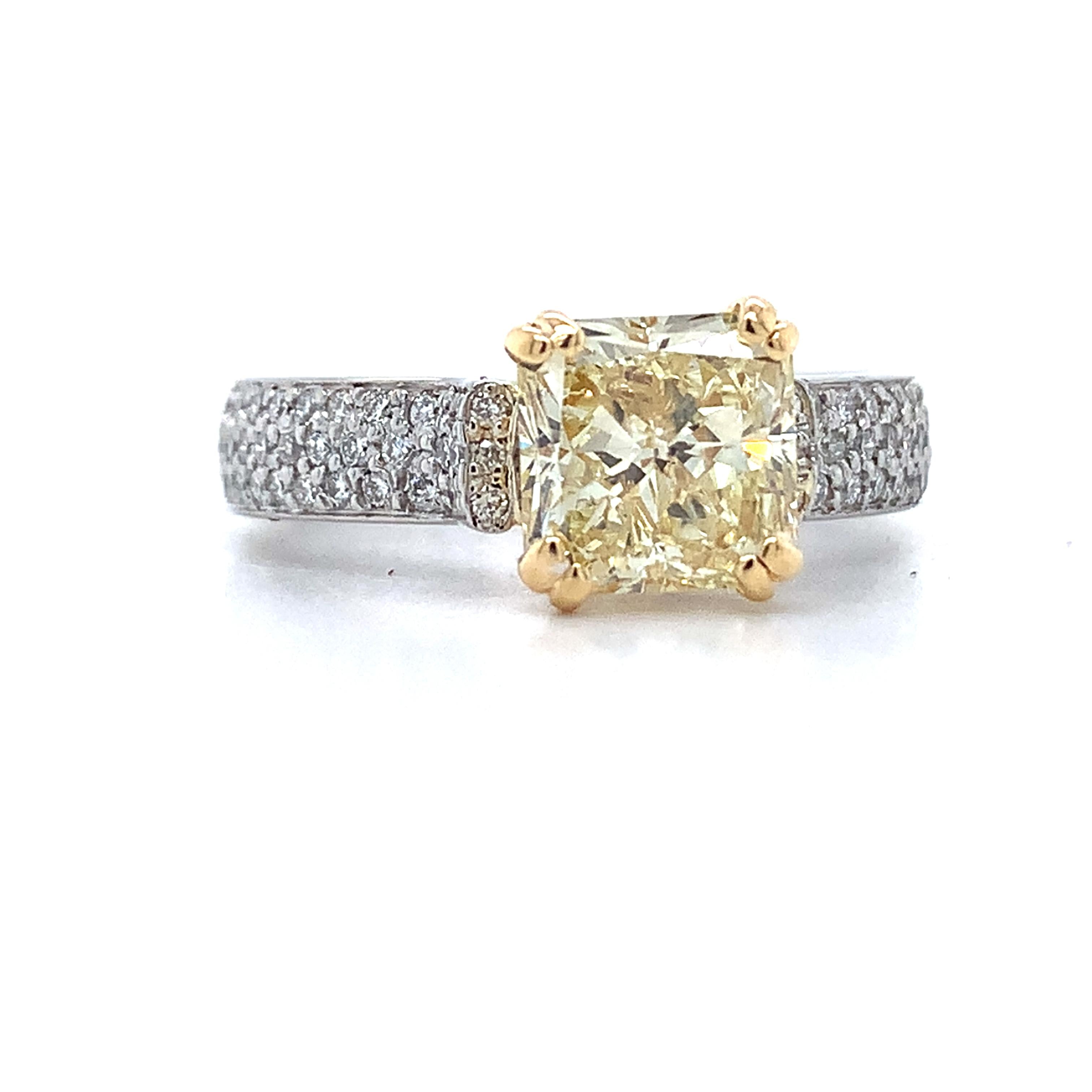 Platinum & 18K Yellow Gold 2CT Fancy Yellow Radiant Cut And Pave Diamond Ring