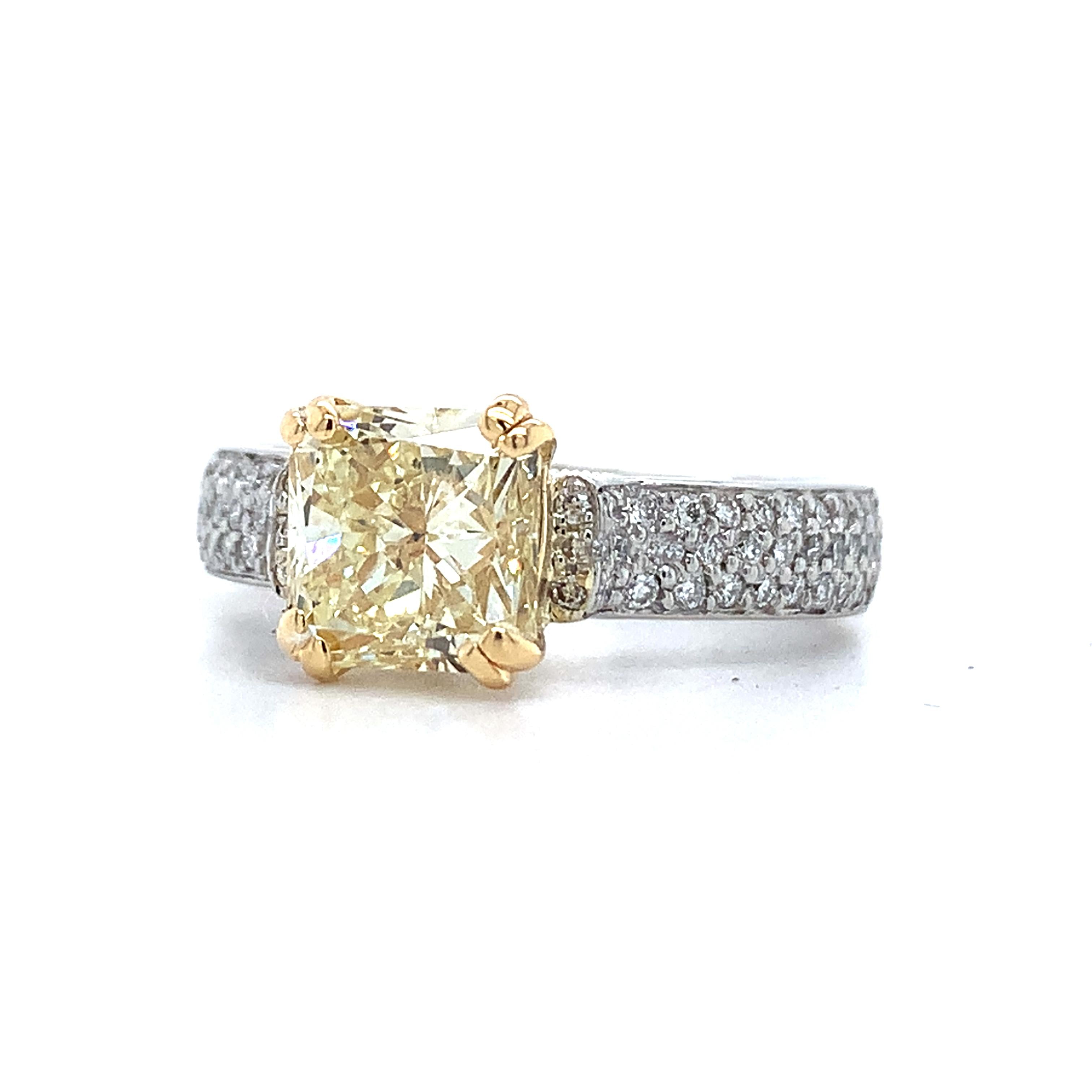 Platinum & 18K Yellow Gold 2CT Fancy Yellow Radiant Cut And Pave Diamond Ring
