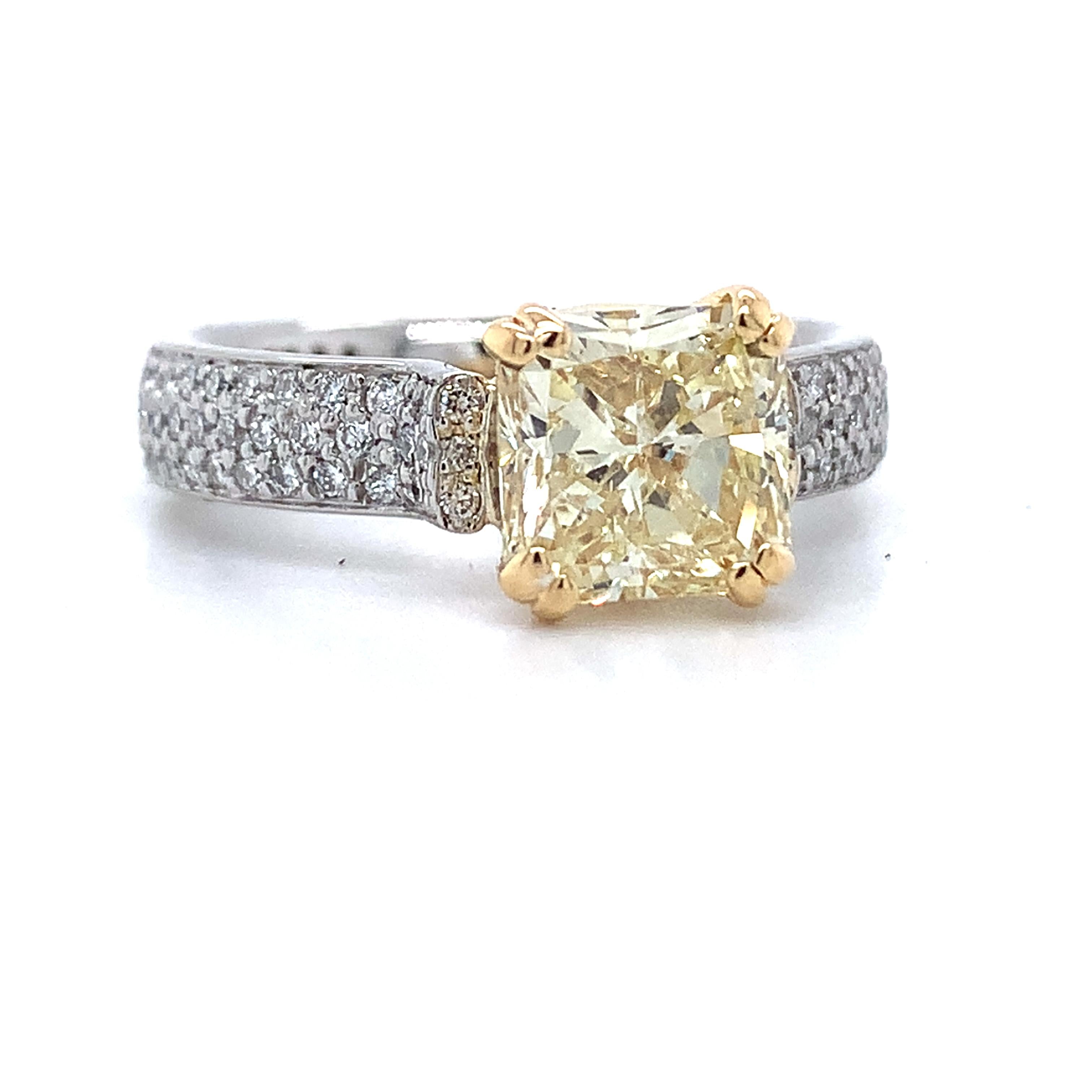 Platinum & 18K Yellow Gold 2CT Fancy Yellow Radiant Cut And Pave Diamond Ring