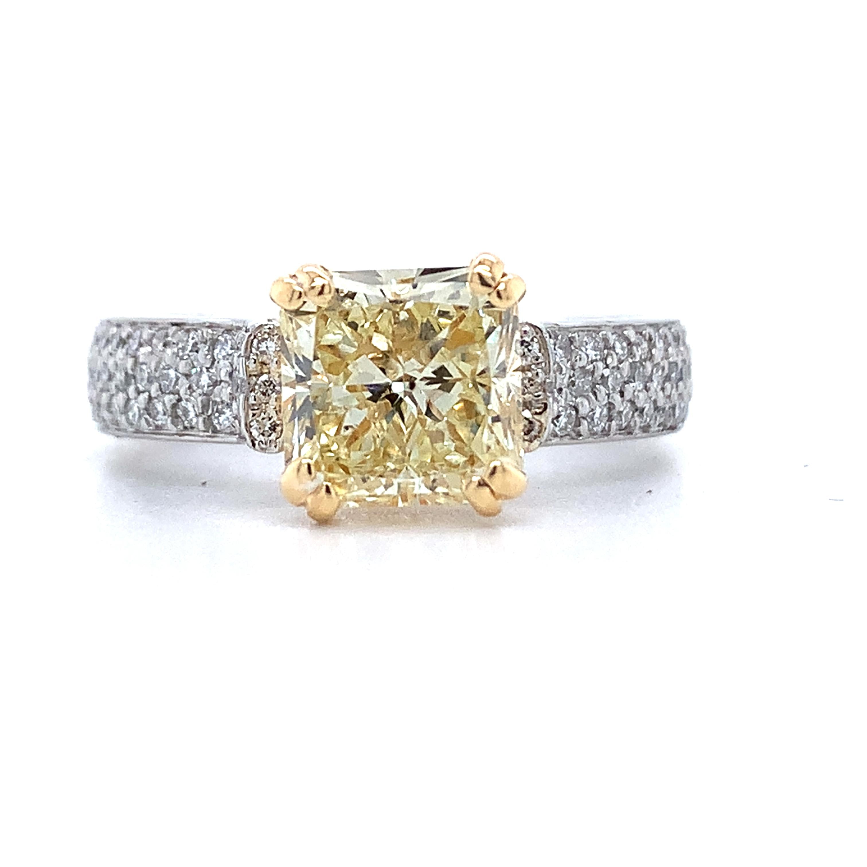 Platinum & 18K Yellow Gold 2CT Fancy Yellow Radiant Cut And Pave Diamond Ring