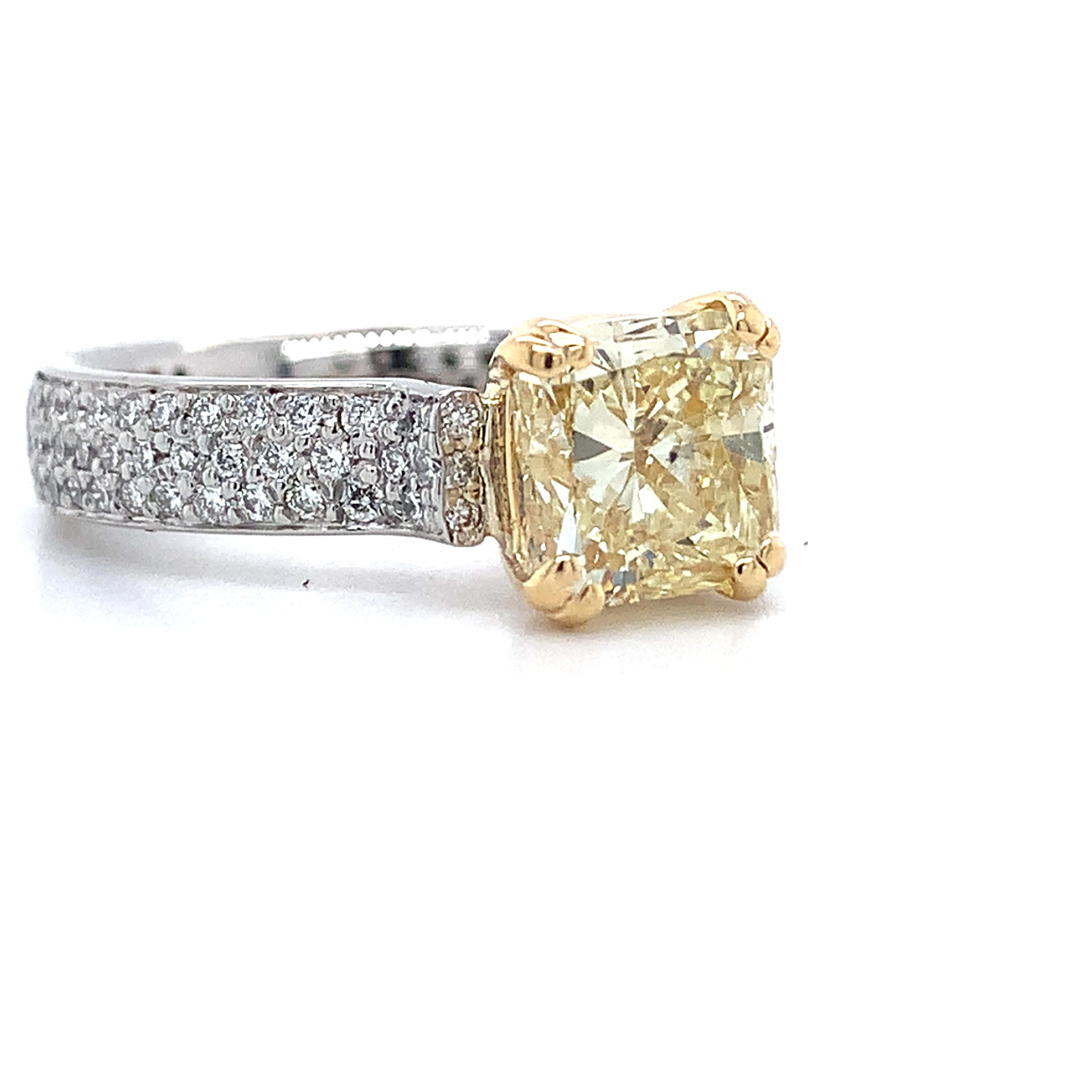 Platinum & 18K Yellow Gold 2CT Fancy Yellow Radiant Cut And Pave Diamond Ring