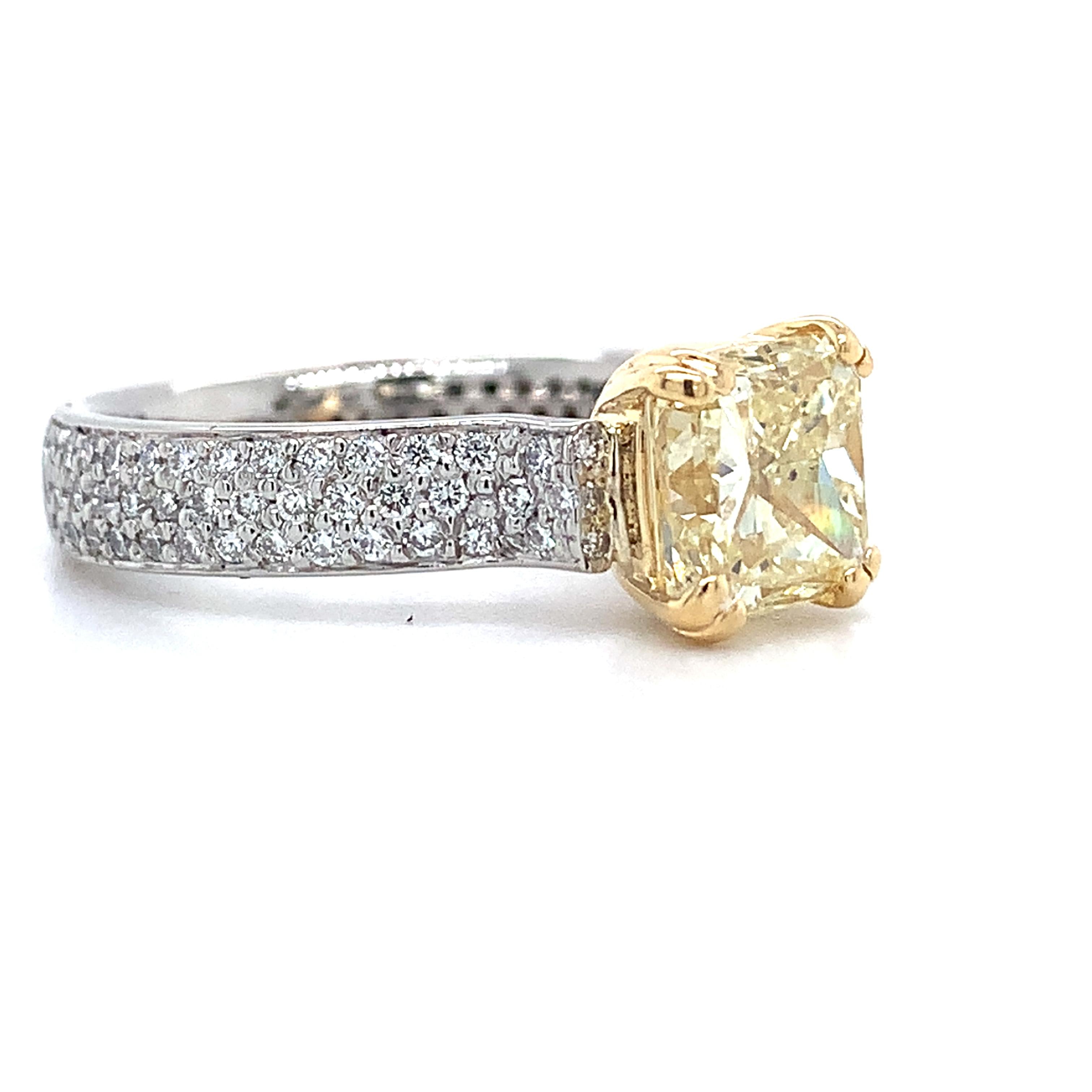 Platinum & 18K Yellow Gold 2CT Fancy Yellow Radiant Cut And Pave Diamond Ring