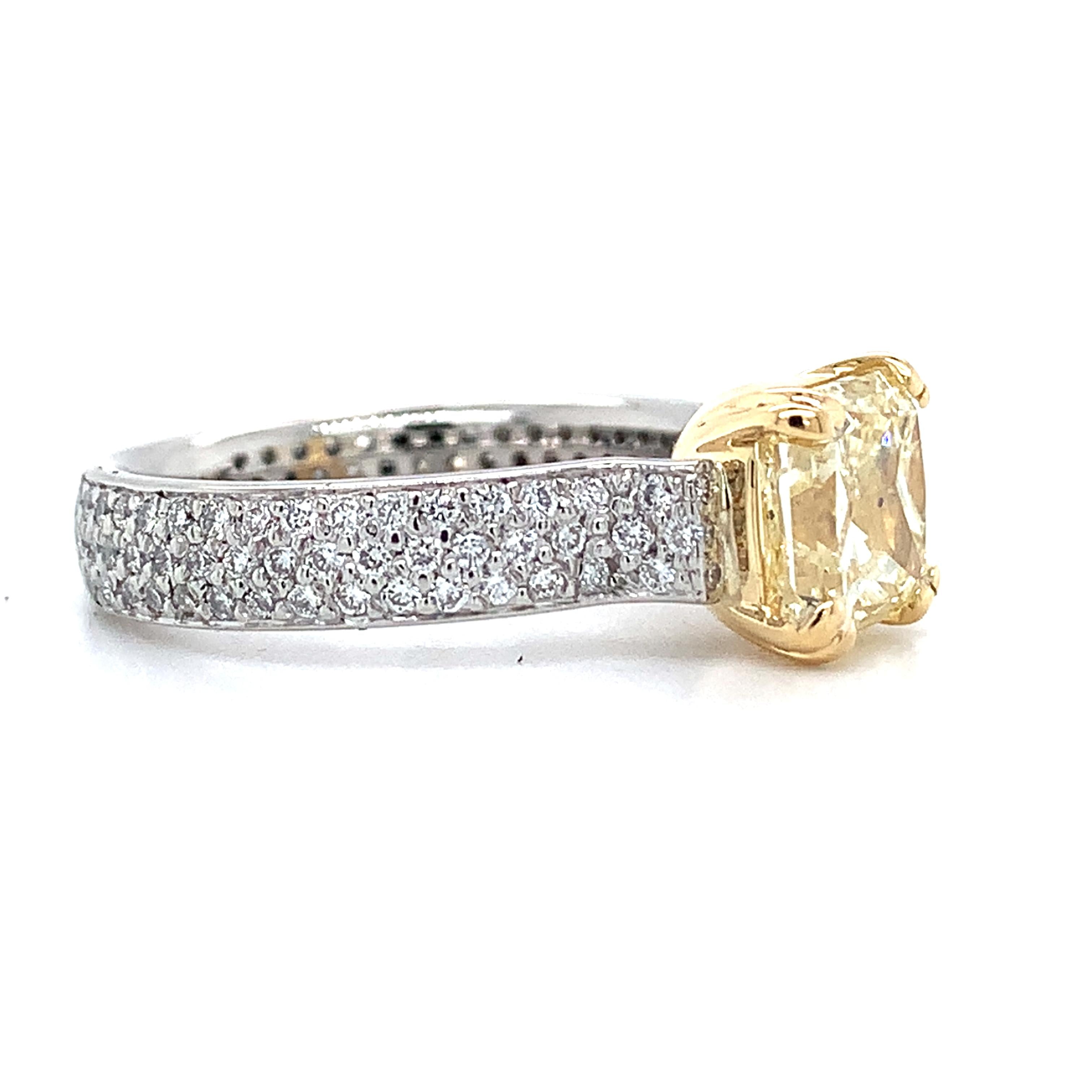Platinum & 18K Yellow Gold 2CT Fancy Yellow Radiant Cut And Pave Diamond Ring