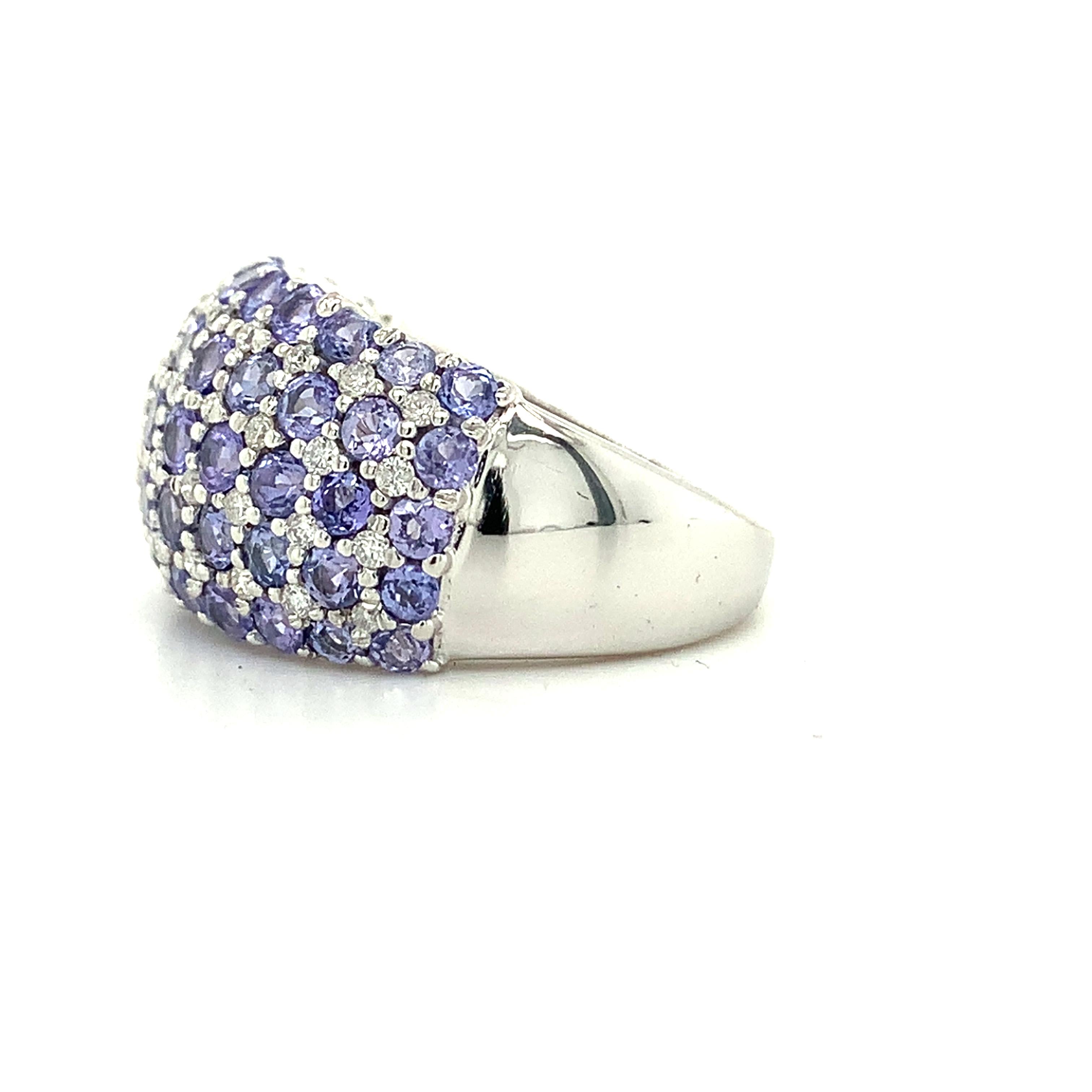14K White Gold Multi Row Tanzanite &Diamond Alternate Pattern Dome Cocktail Ring