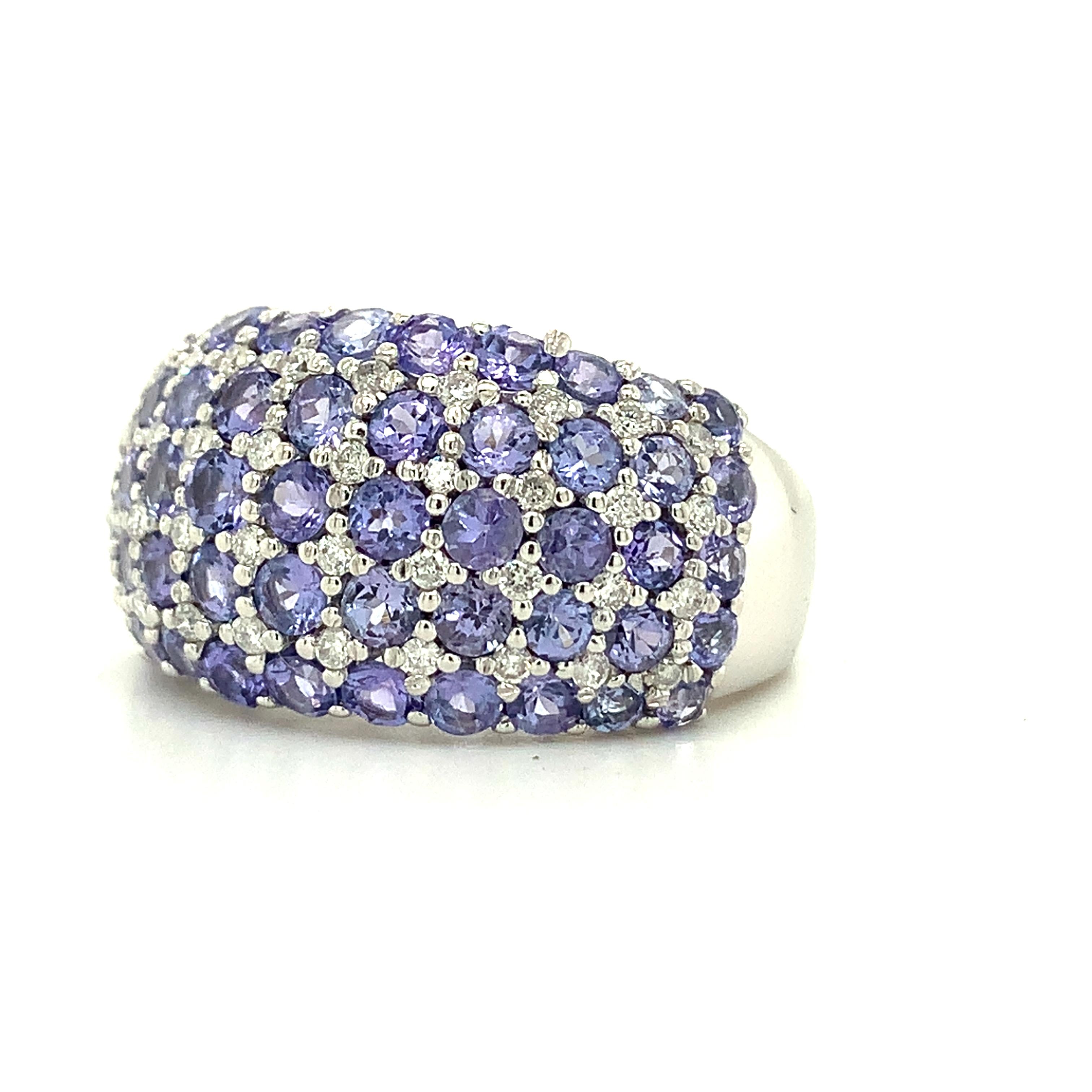 14K White Gold Multi Row Tanzanite &Diamond Alternate Pattern Dome Cocktail Ring