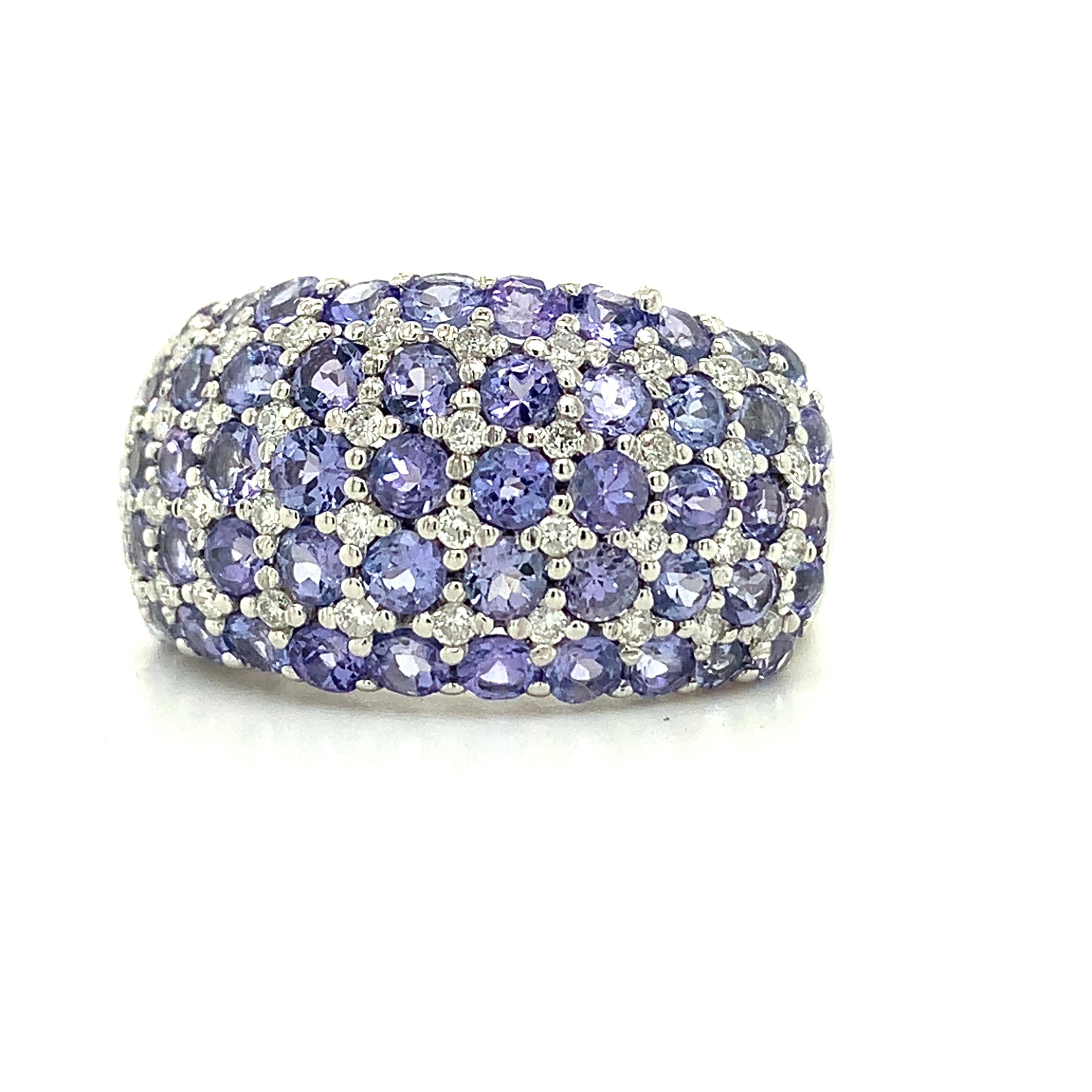 14K White Gold Multi Row Tanzanite &Diamond Alternate Pattern Dome Cocktail Ring