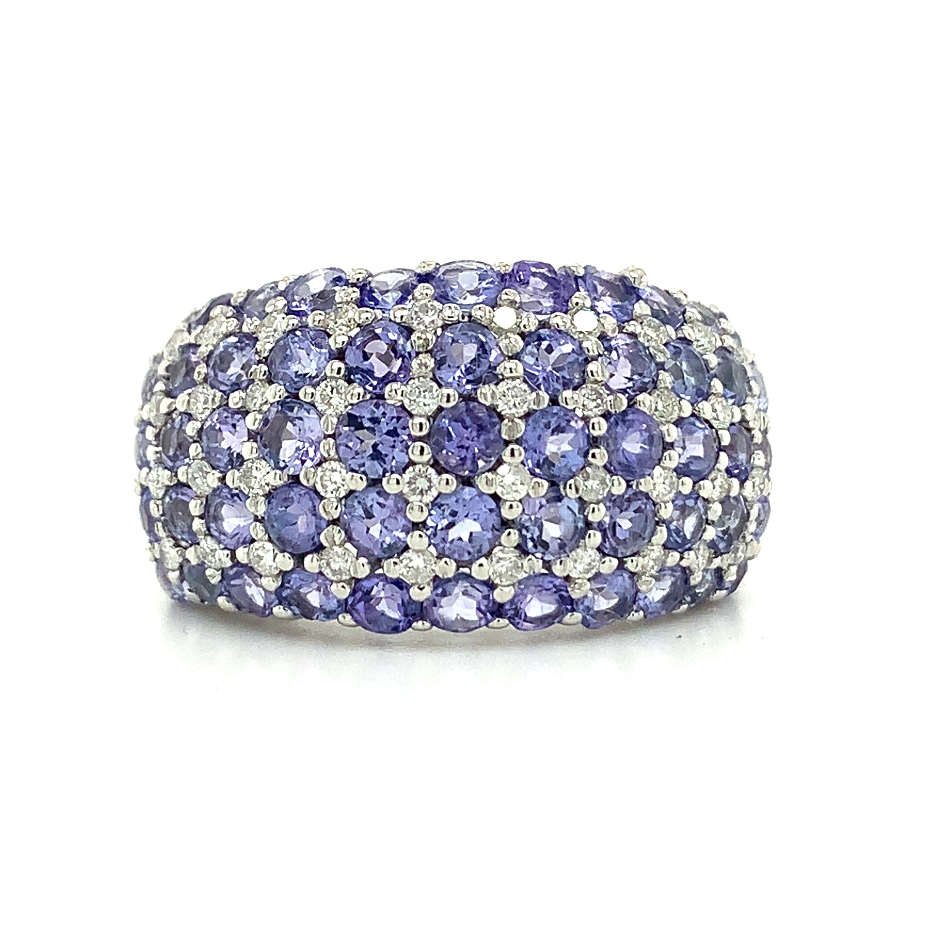 14K White Gold Multi Row Tanzanite &Diamond Alternate Pattern Dome Cocktail Ring