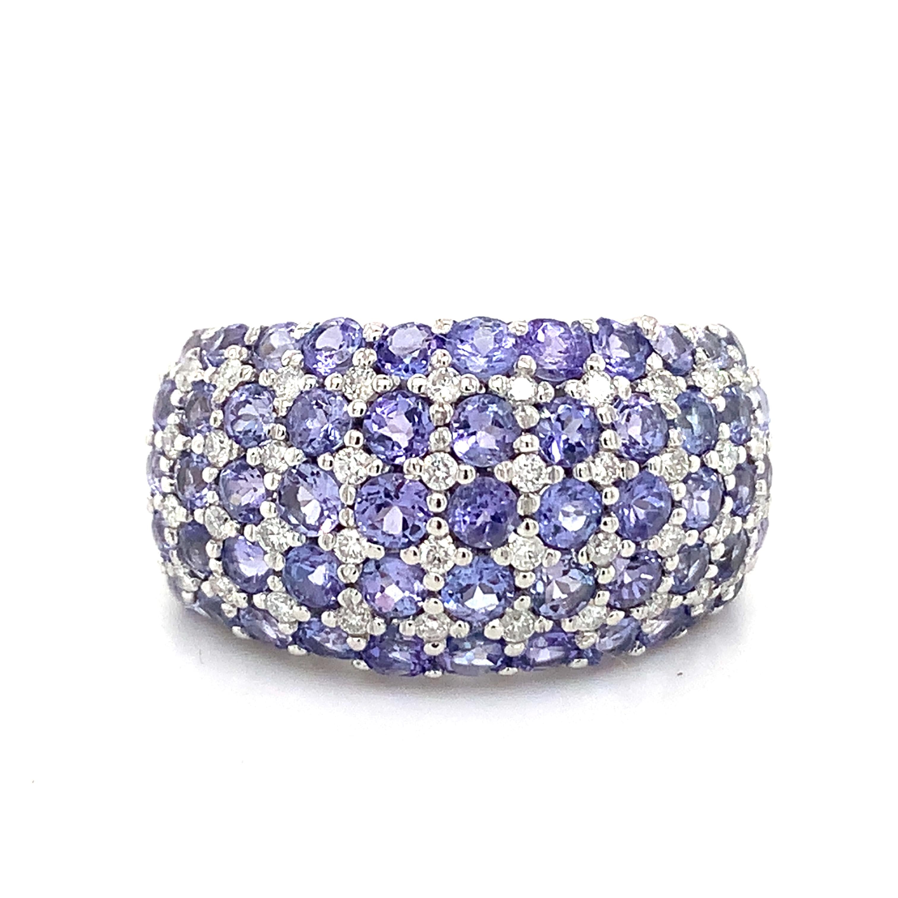 14K White Gold Multi Row Tanzanite &Diamond Alternate Pattern Dome Cocktail Ring