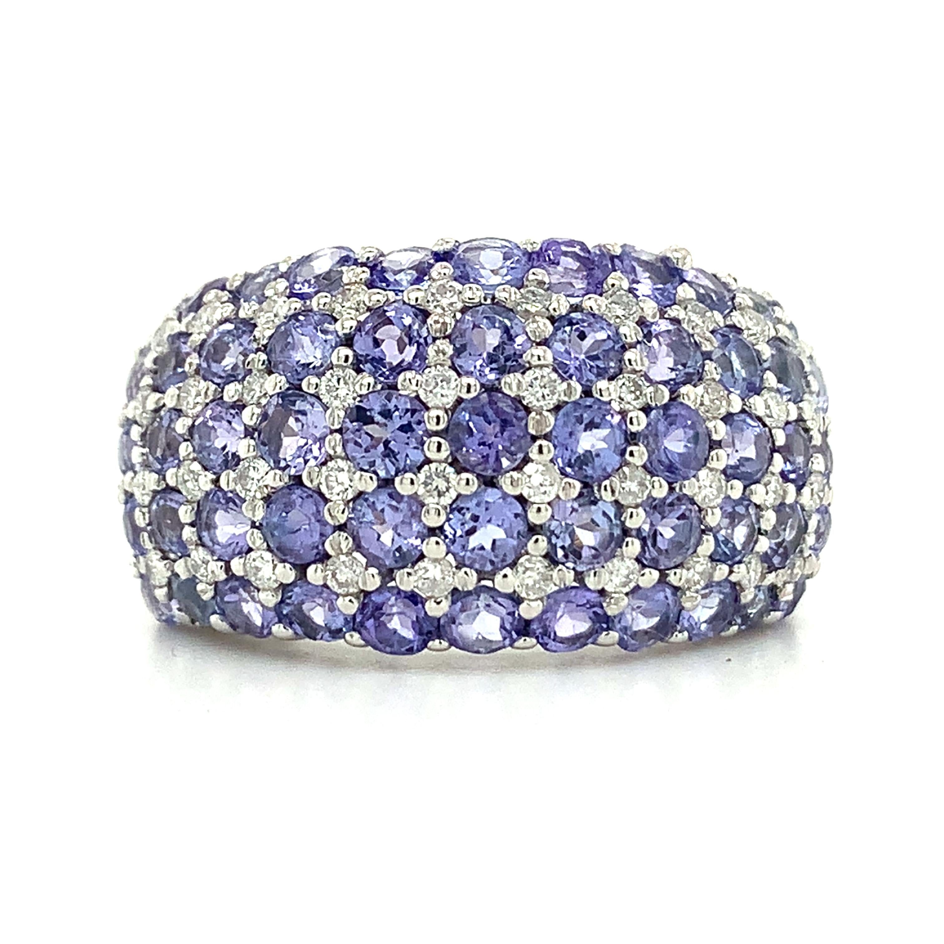 14K White Gold Multi Row Tanzanite &Diamond Alternate Pattern Dome Cocktail Ring
