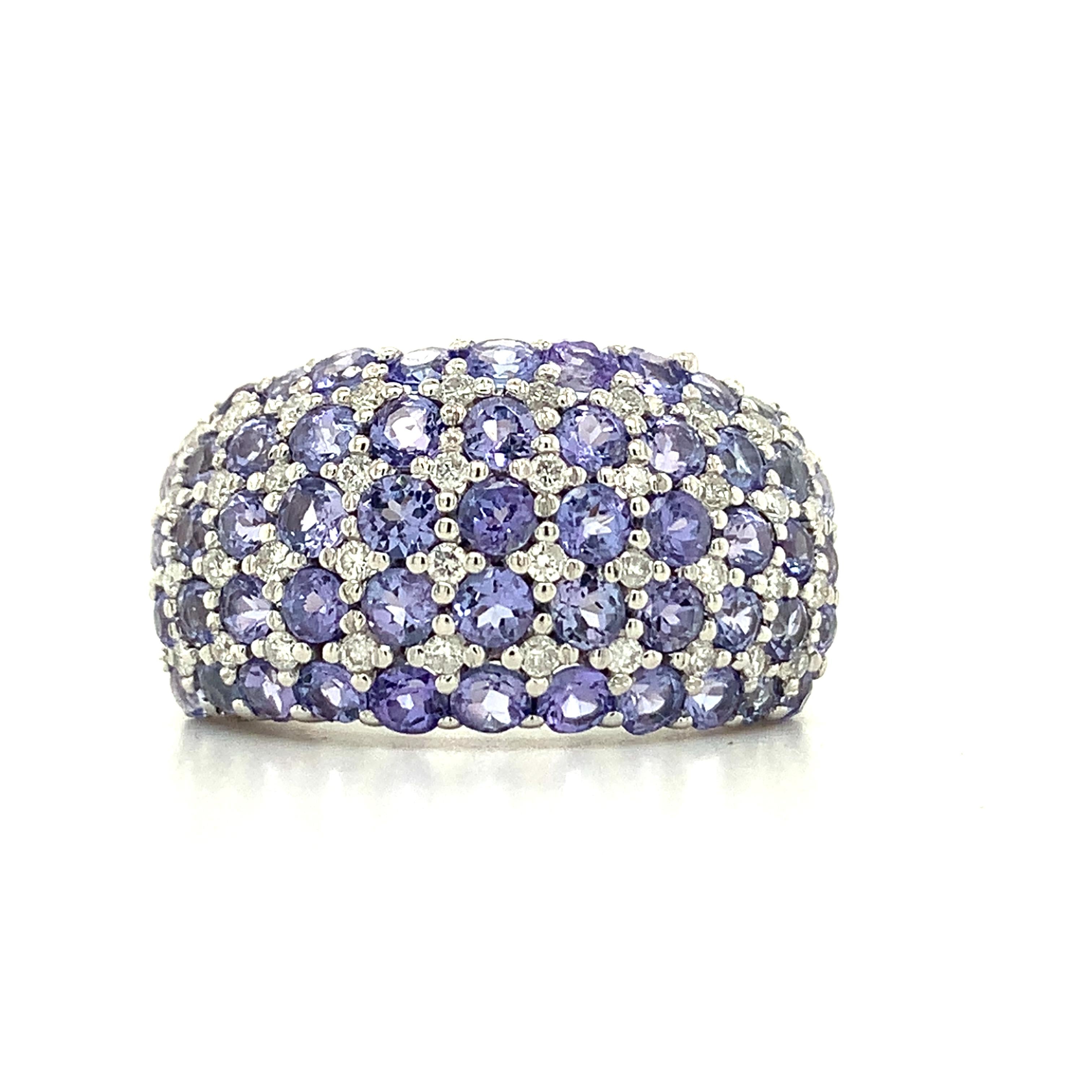 14K White Gold Multi Row Tanzanite &Diamond Alternate Pattern Dome Cocktail Ring