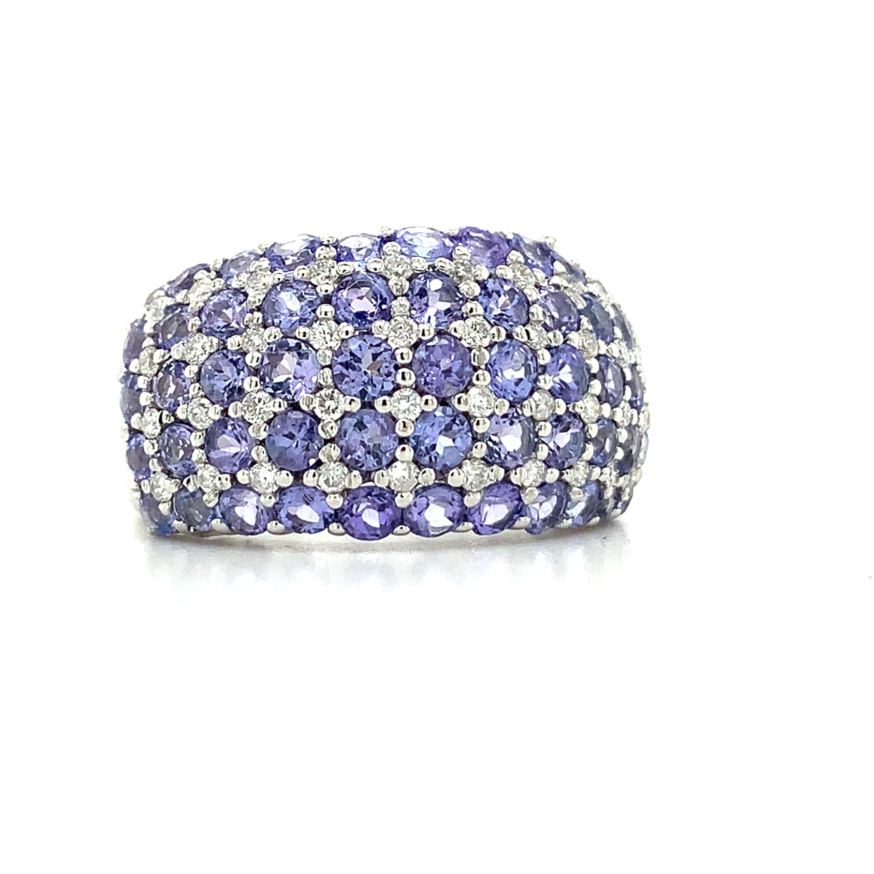 14K White Gold Multi Row Tanzanite &Diamond Alternate Pattern Dome Cocktail Ring