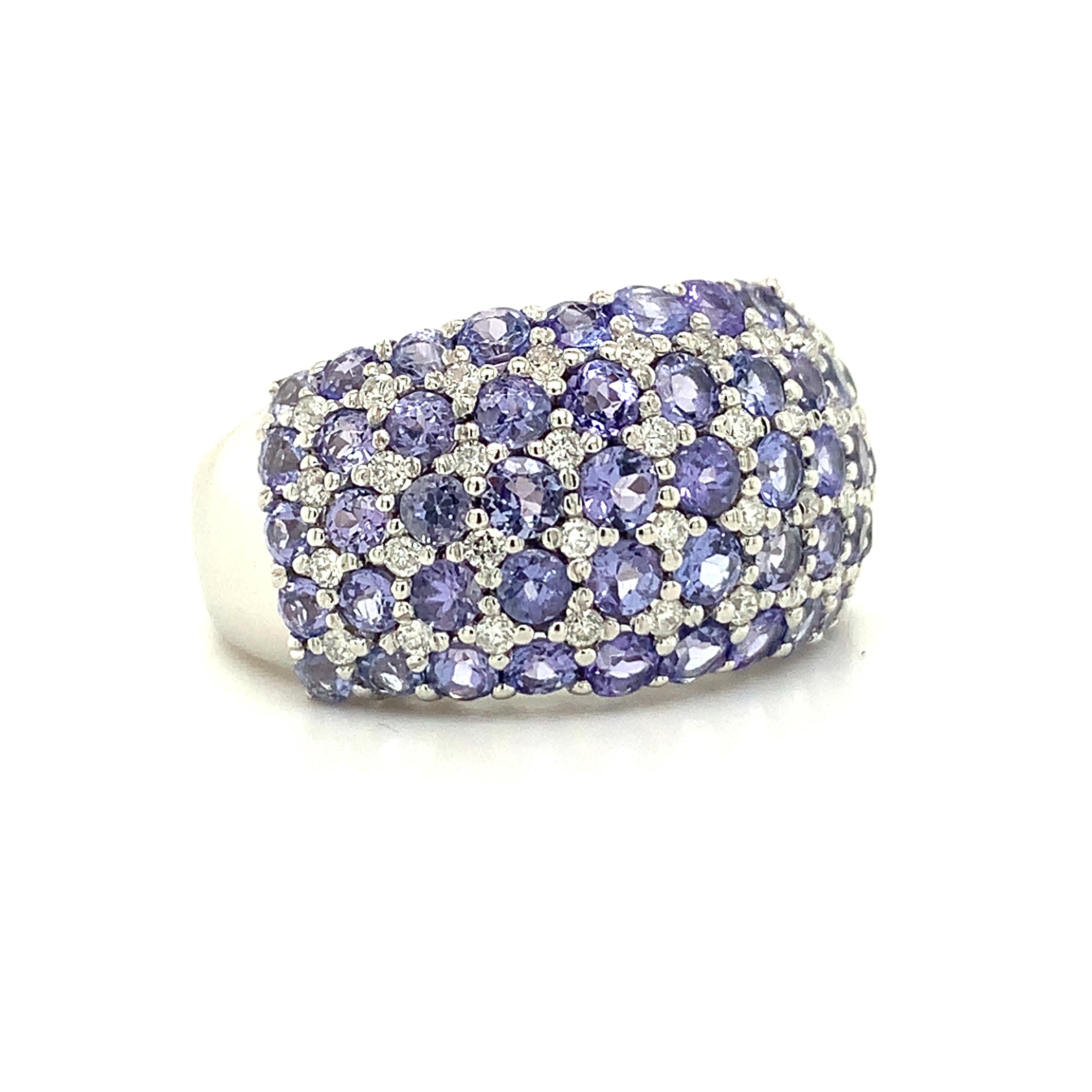14K White Gold Multi Row Tanzanite &Diamond Alternate Pattern Dome Cocktail Ring