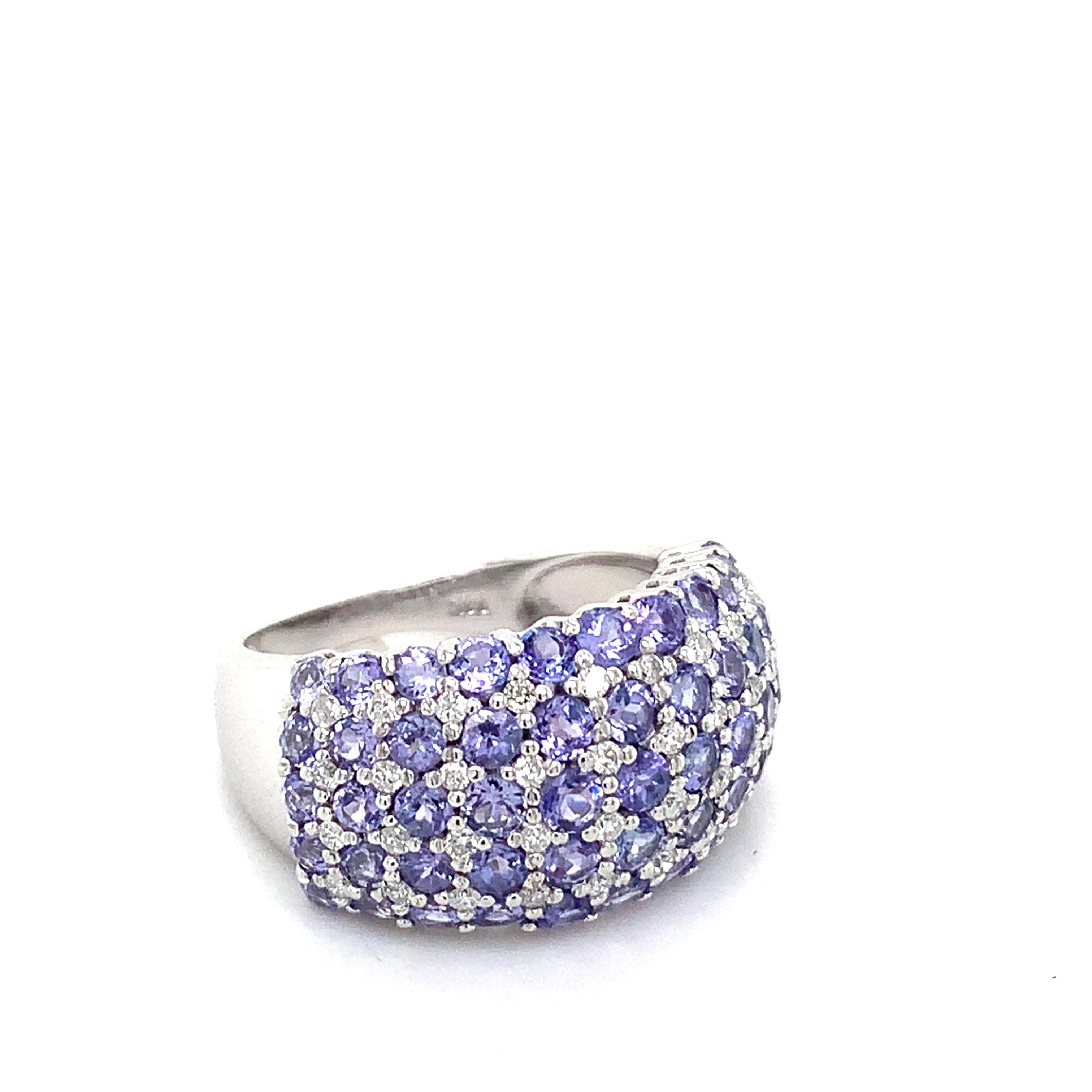 14K White Gold Multi Row Tanzanite &Diamond Alternate Pattern Dome Cocktail Ring