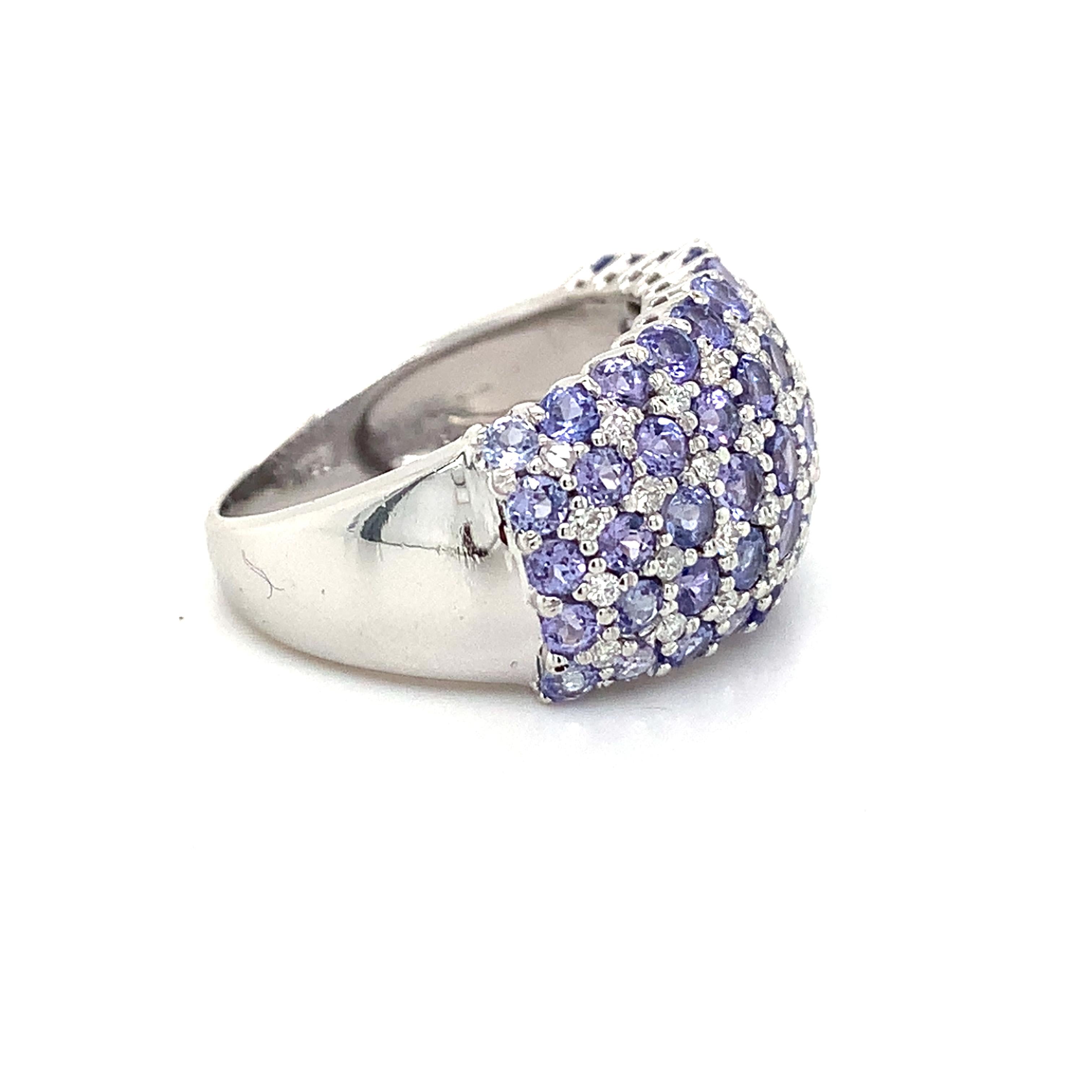 14K White Gold Multi Row Tanzanite &Diamond Alternate Pattern Dome Cocktail Ring
