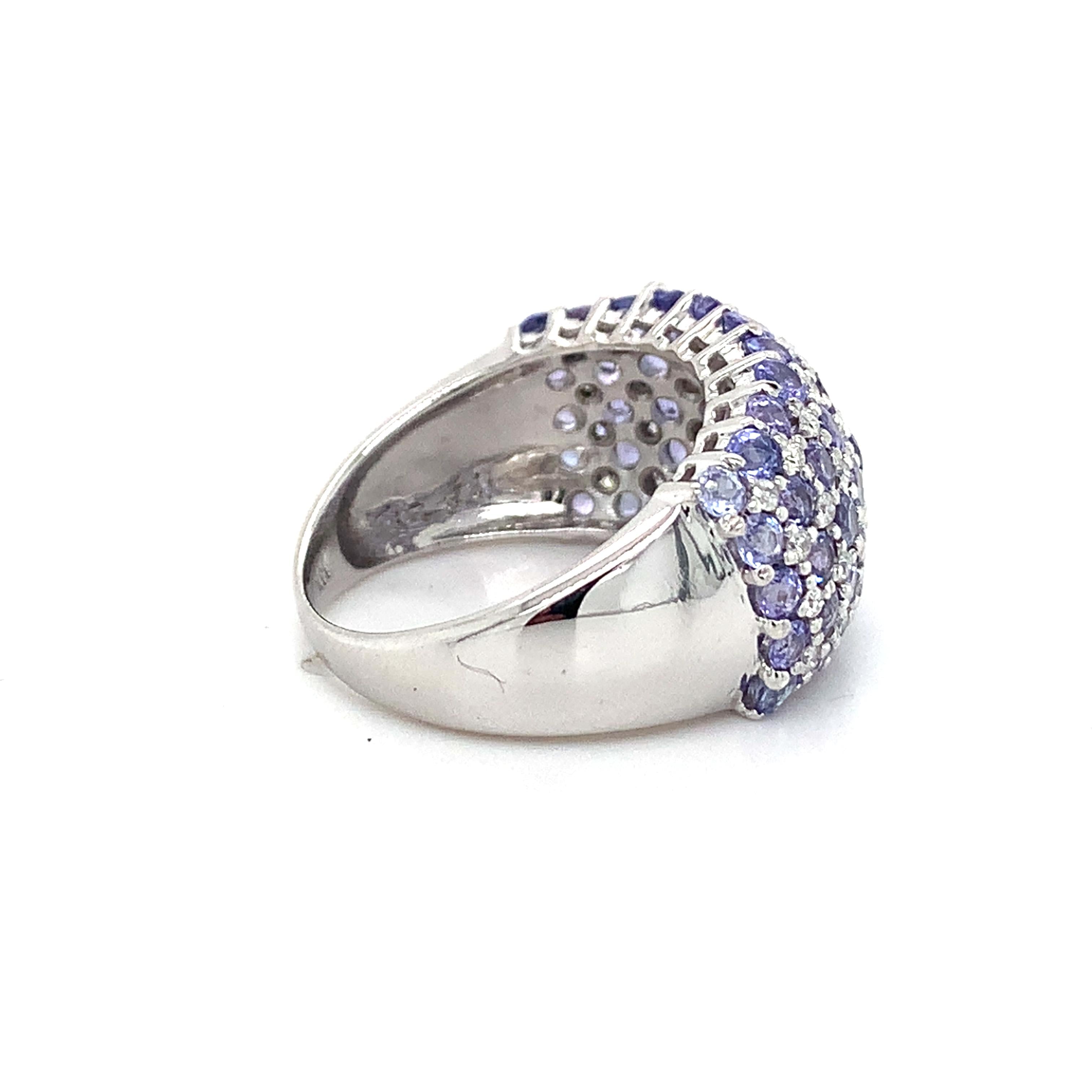 14K White Gold Multi Row Tanzanite &Diamond Alternate Pattern Dome Cocktail Ring