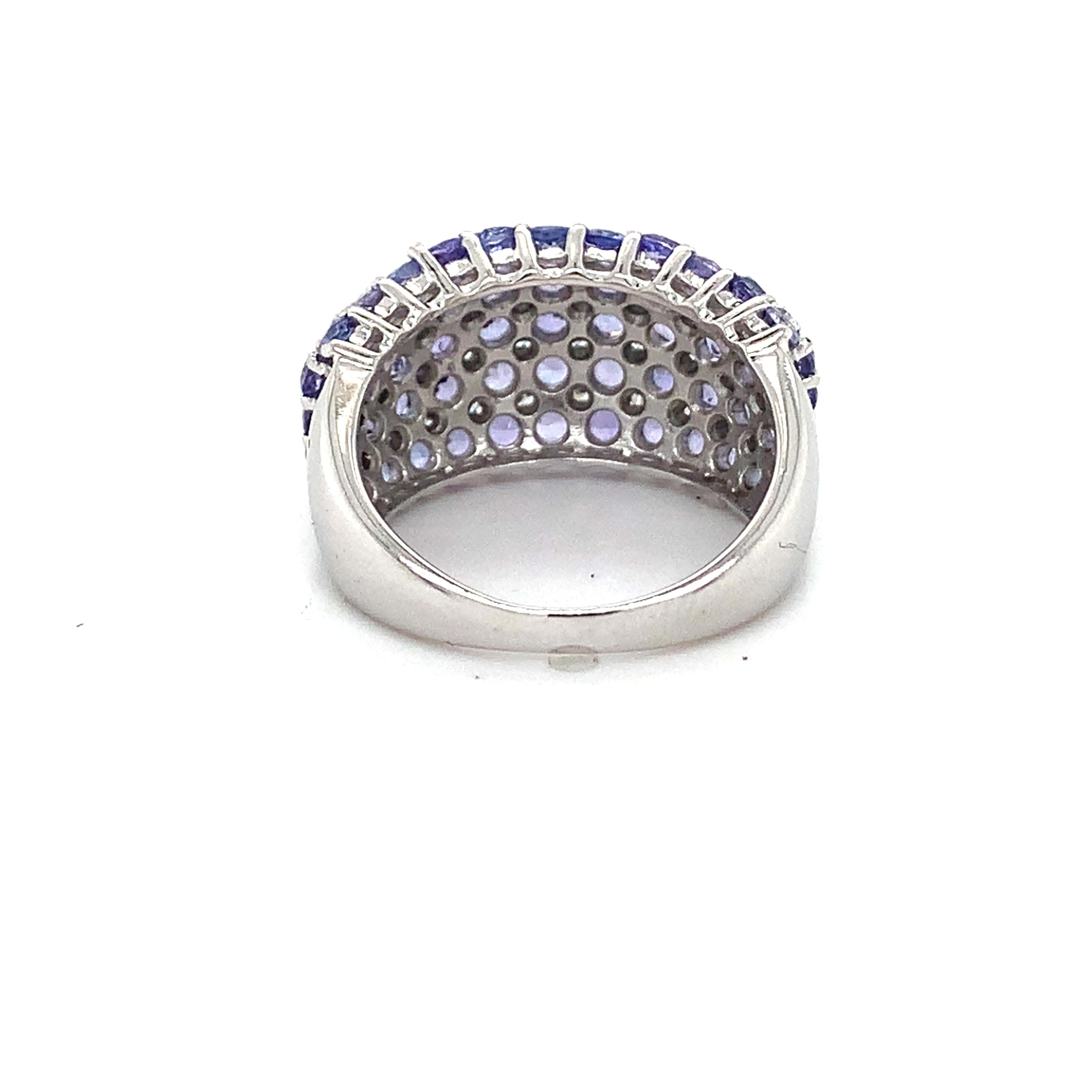14K White Gold Multi Row Tanzanite &Diamond Alternate Pattern Dome Cocktail Ring
