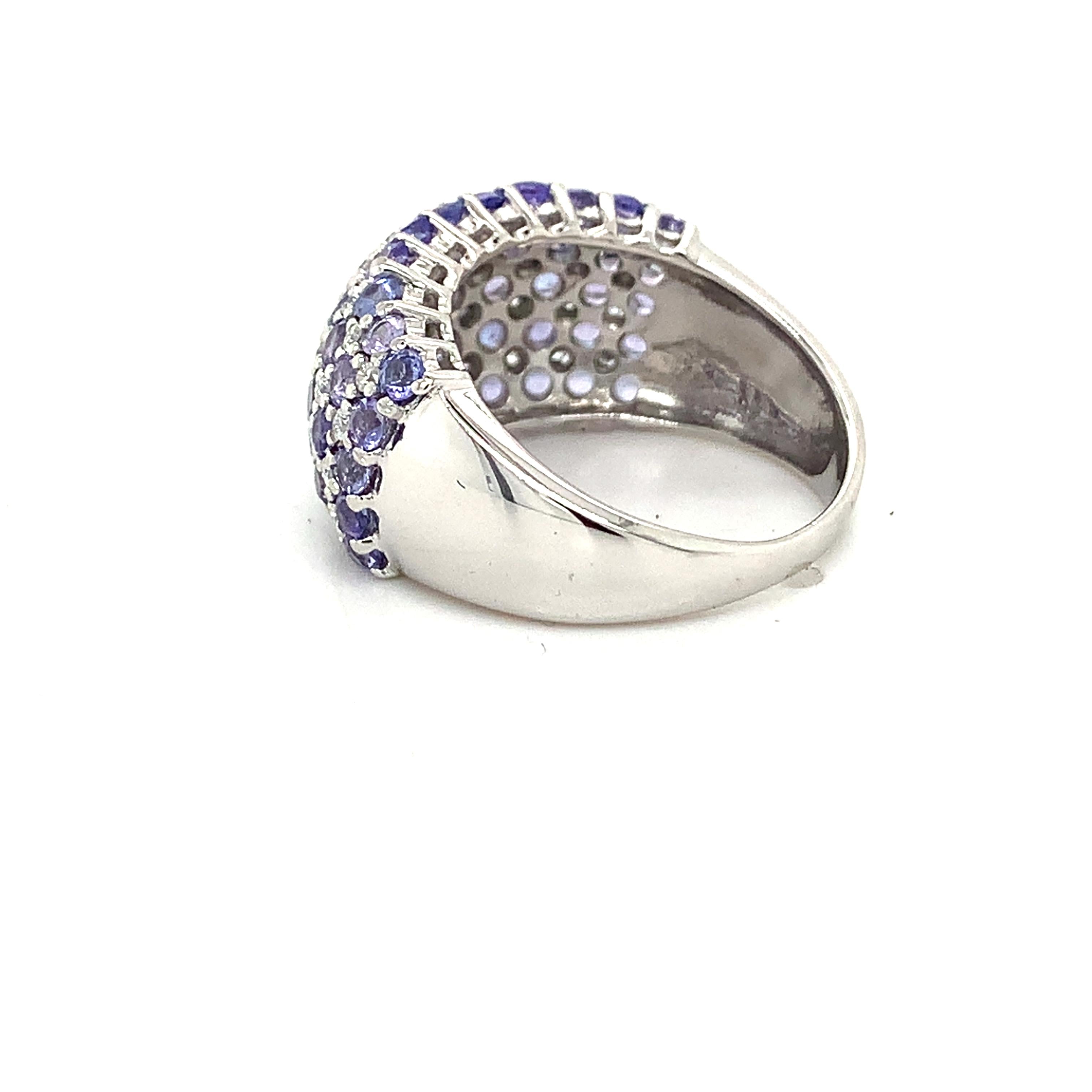 14K White Gold Multi Row Tanzanite &Diamond Alternate Pattern Dome Cocktail Ring