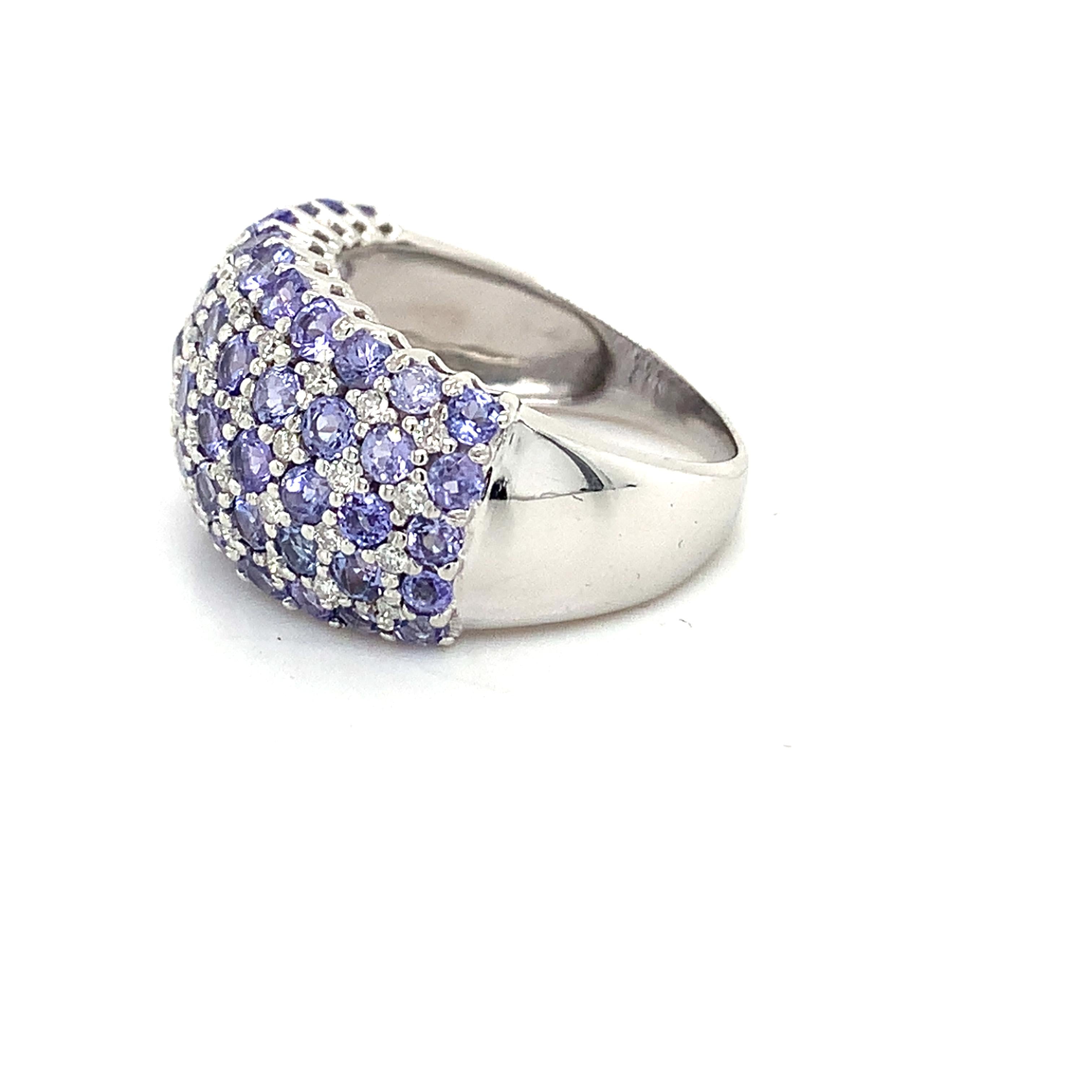 14K White Gold Multi Row Tanzanite &Diamond Alternate Pattern Dome Cocktail Ring