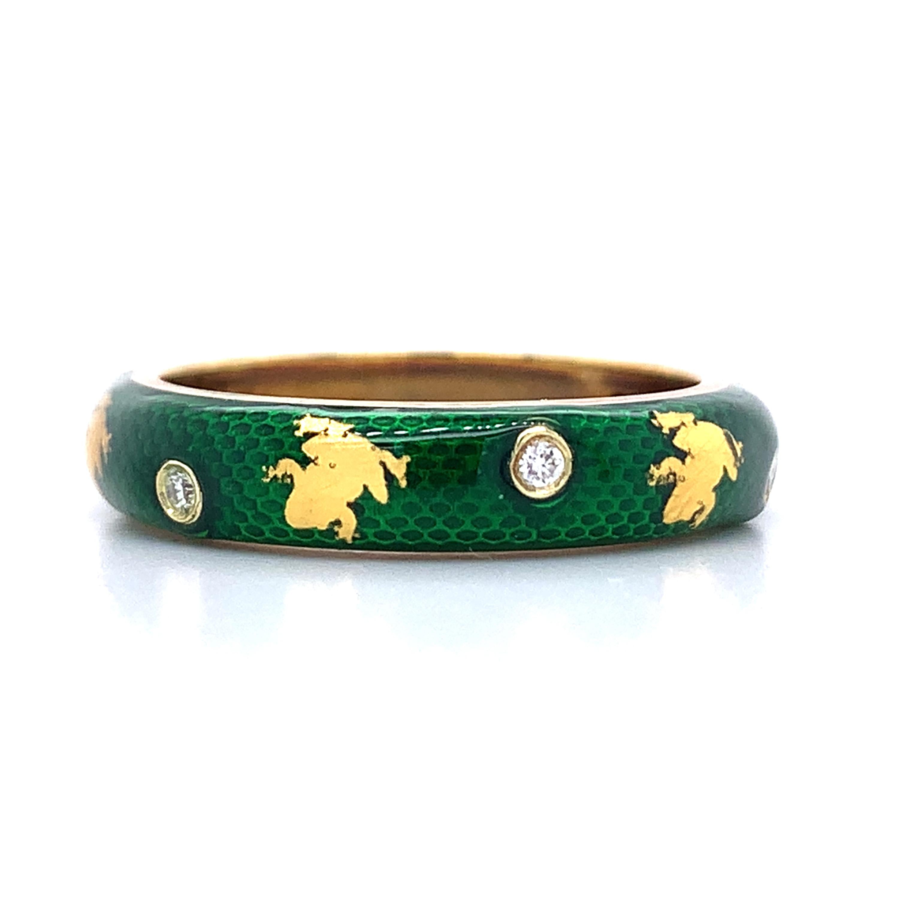 Hidalgo 18K Yellow Gold Green Snakeskin Enamel Bezel Diamond Frog Band Ring