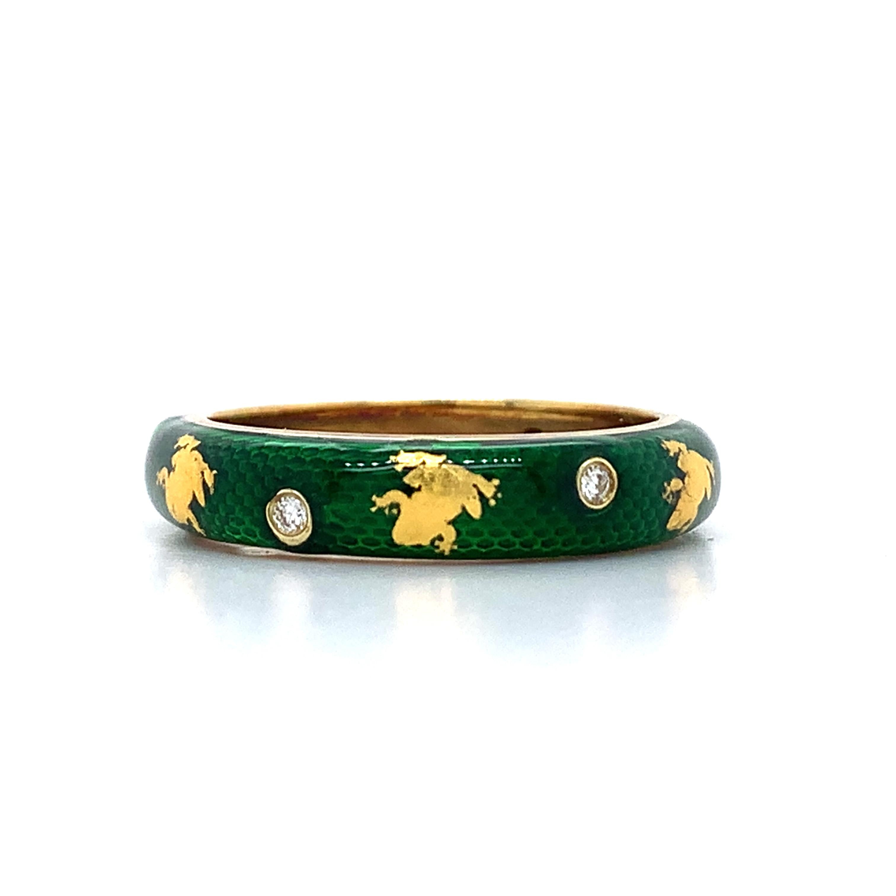 Hidalgo 18K Yellow Gold Green Snakeskin Enamel Bezel Diamond Frog Band Ring