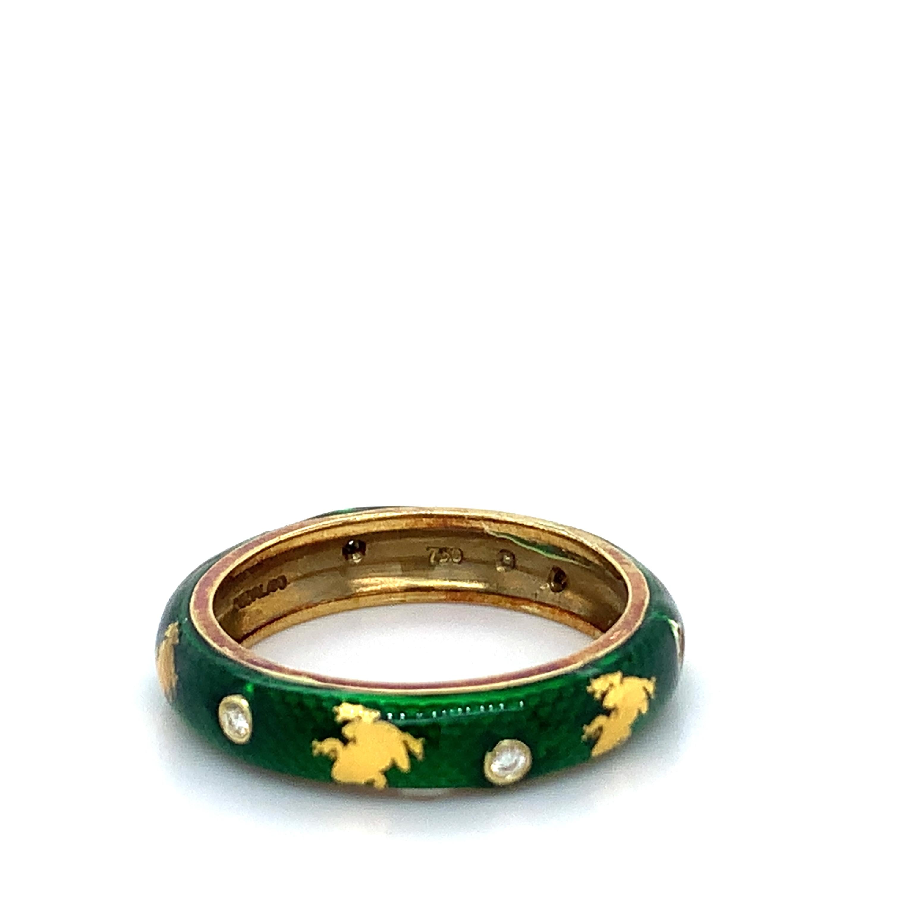 Hidalgo 18K Yellow Gold Green Snakeskin Enamel Bezel Diamond Frog Band Ring