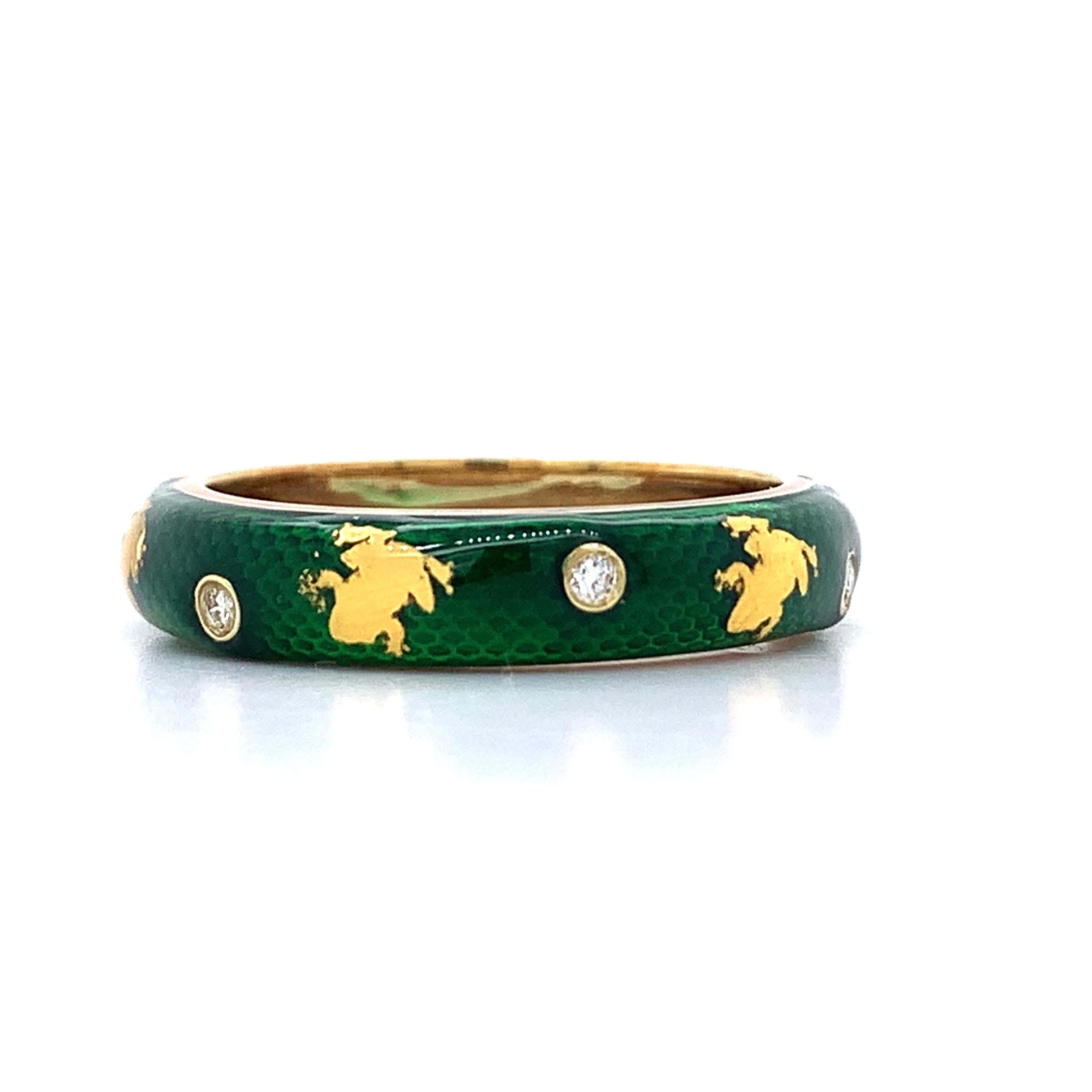 Hidalgo 18K Yellow Gold Green Snakeskin Enamel Bezel Diamond Frog Band Ring