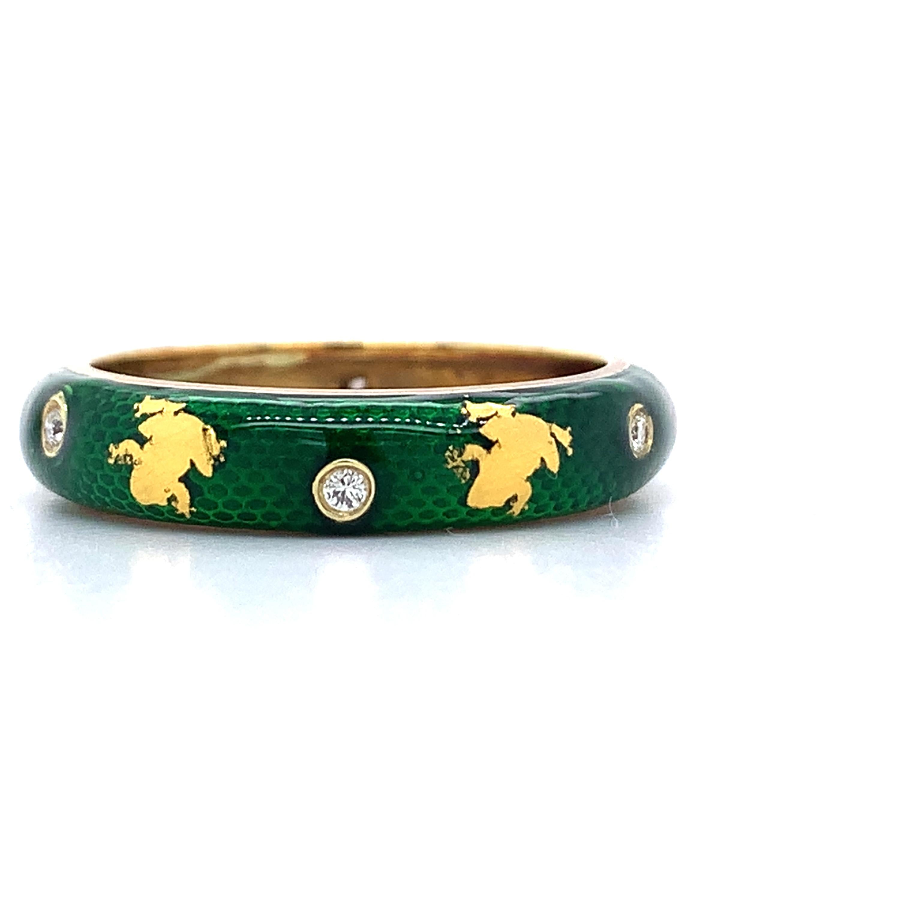 Hidalgo 18K Yellow Gold Green Snakeskin Enamel Bezel Diamond Frog Band Ring
