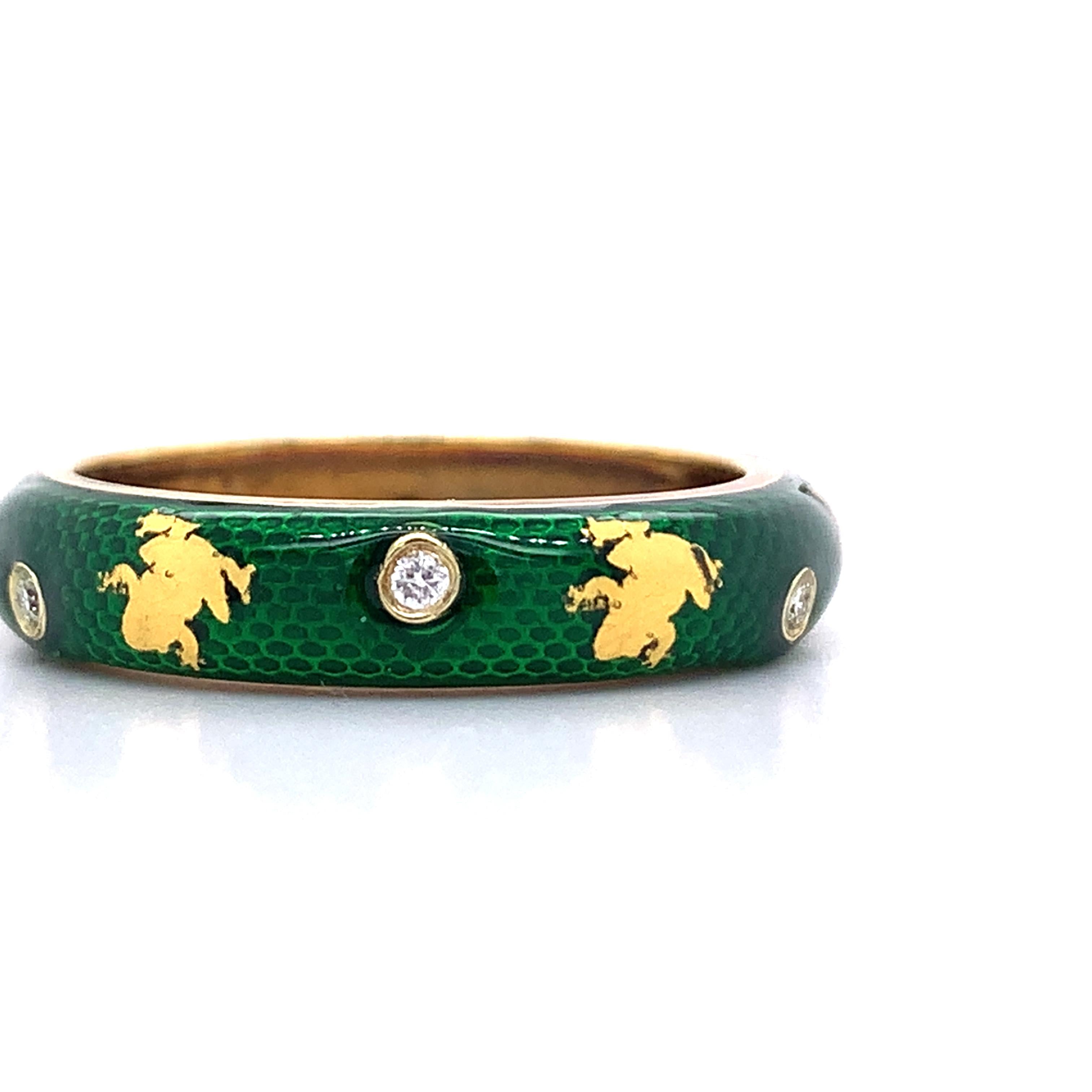 Hidalgo 18K Yellow Gold Green Snakeskin Enamel Bezel Diamond Frog Band Ring