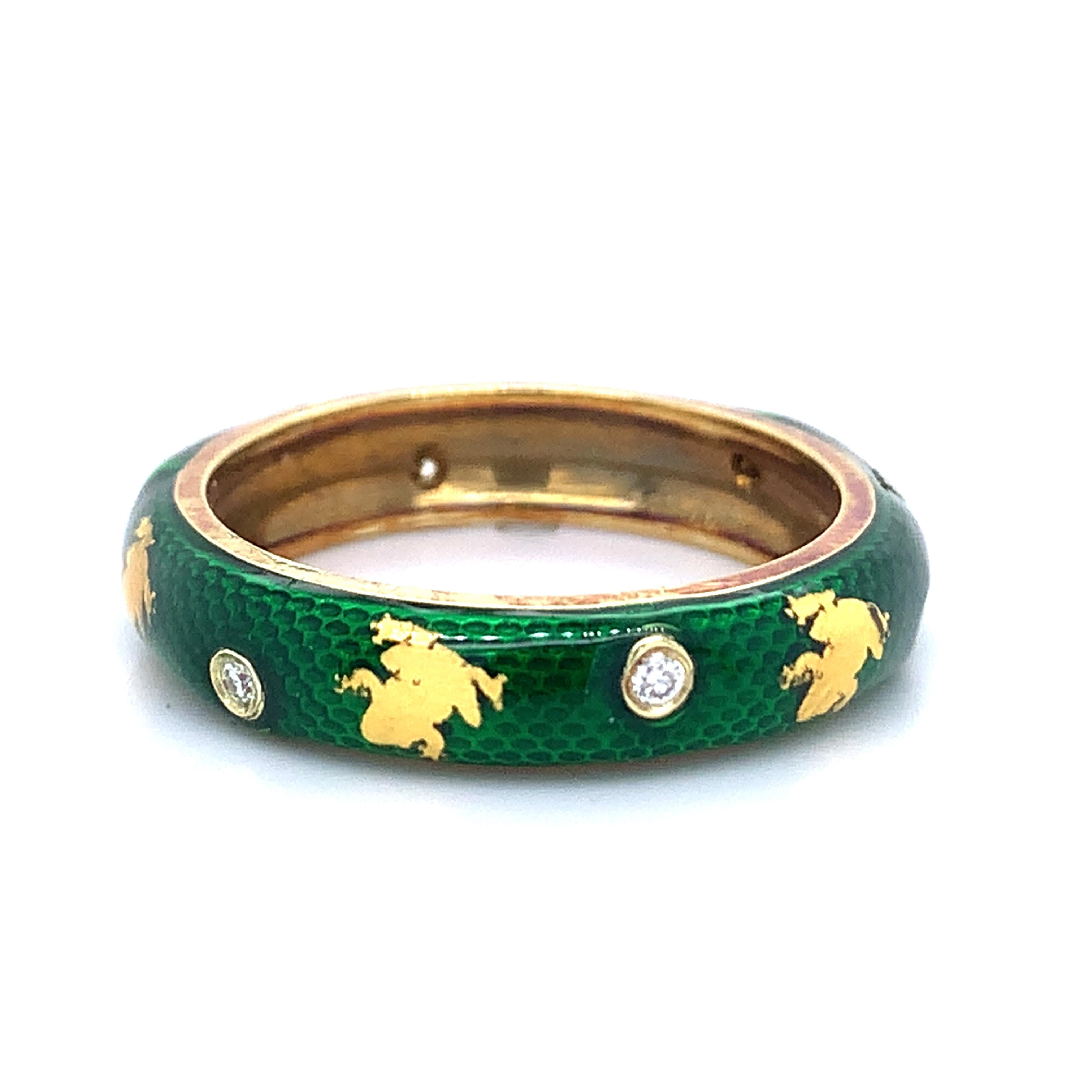 Hidalgo 18K Yellow Gold Green Snakeskin Enamel Bezel Diamond Frog Band Ring