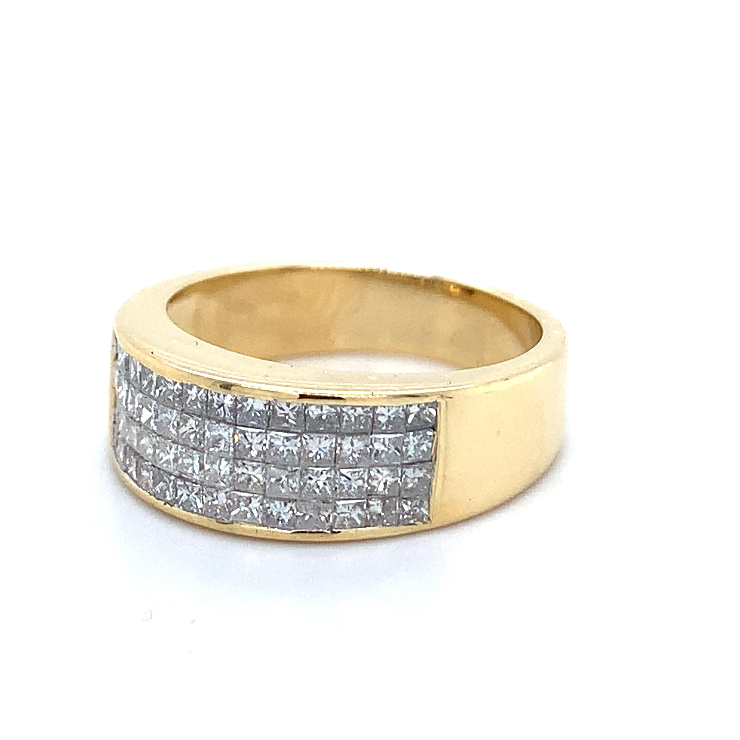 Men's 18K Yellow Gold Invisible Set Princess Diamond Wide Band Ring Size 7