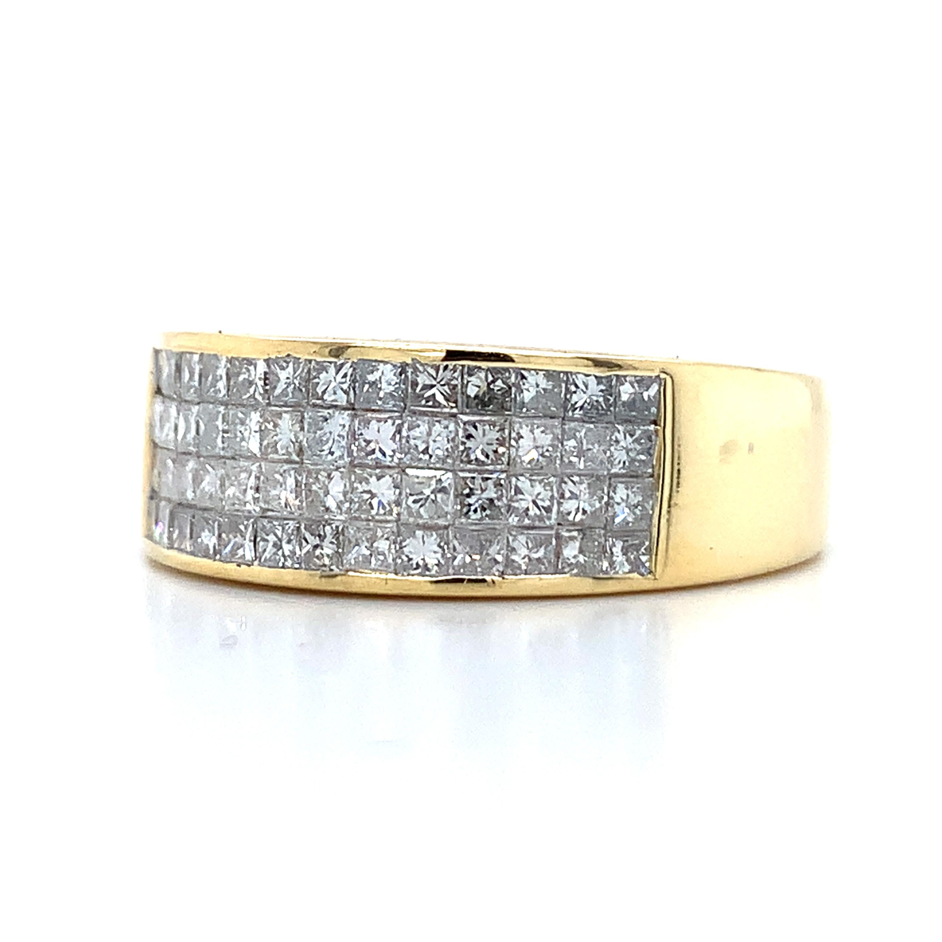 Men's 18K Yellow Gold Invisible Set Princess Diamond Wide Band Ring Size 7