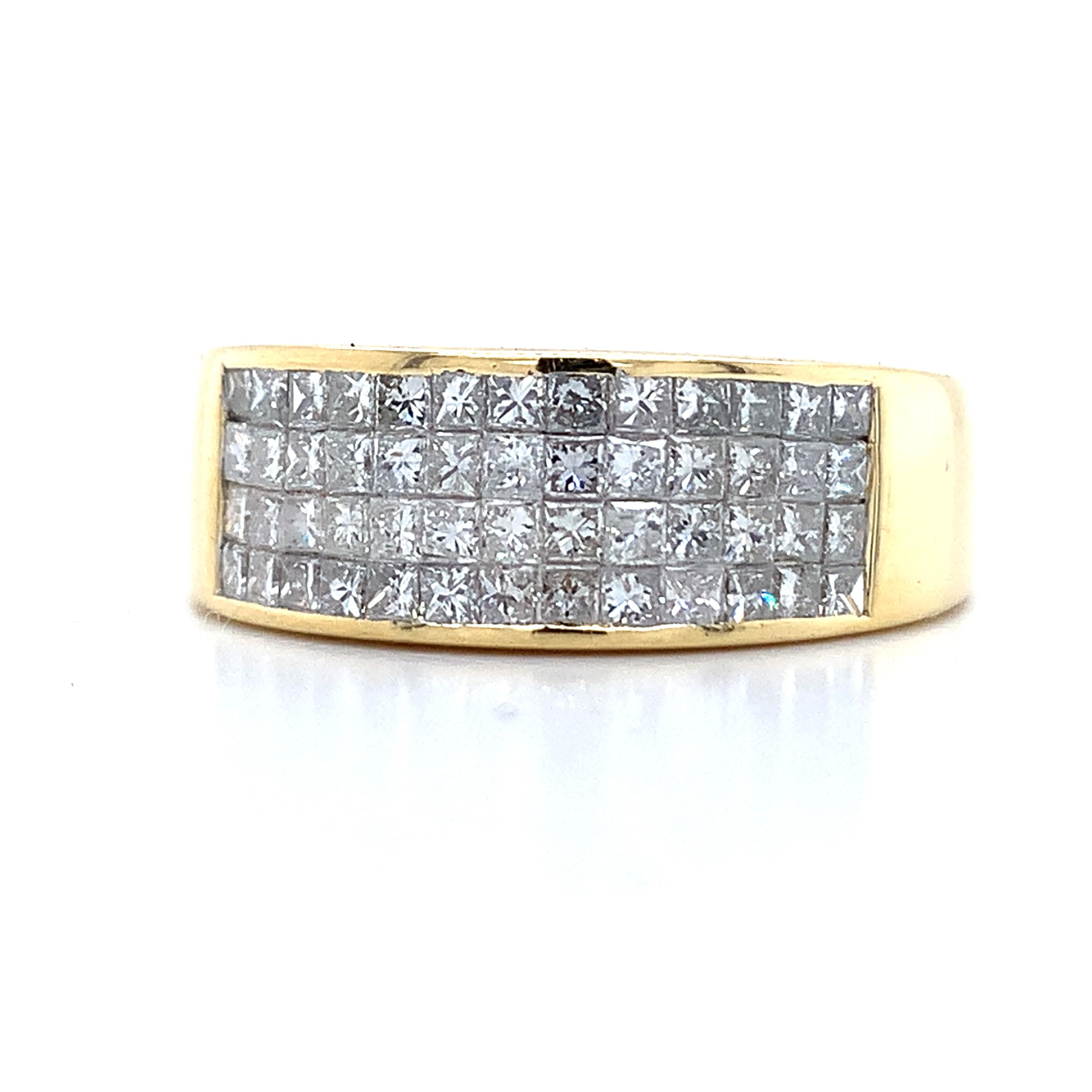 Men's 18K Yellow Gold Invisible Set Princess Diamond Wide Band Ring Size 7