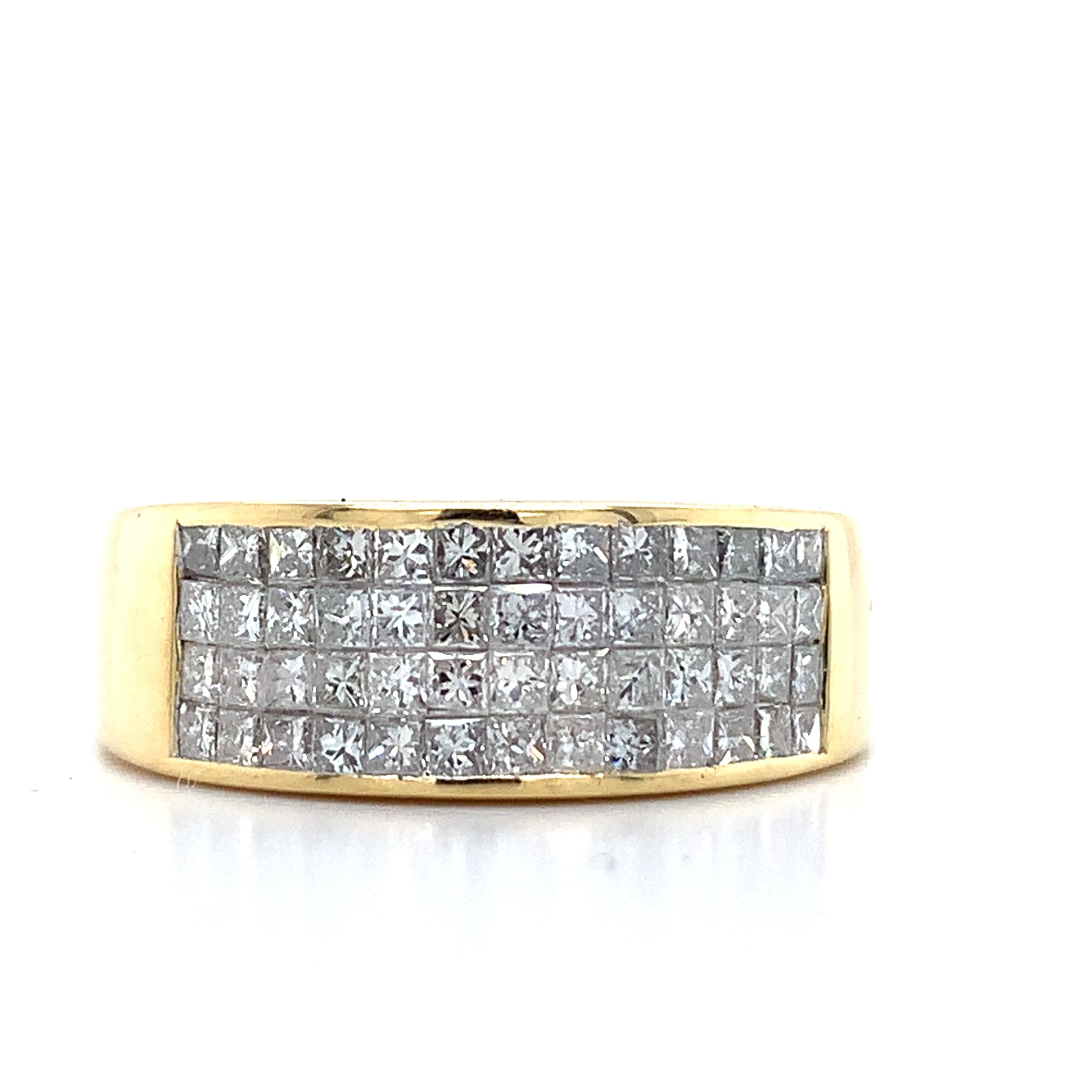 Men's 18K Yellow Gold Invisible Set Princess Diamond Wide Band Ring Size 7