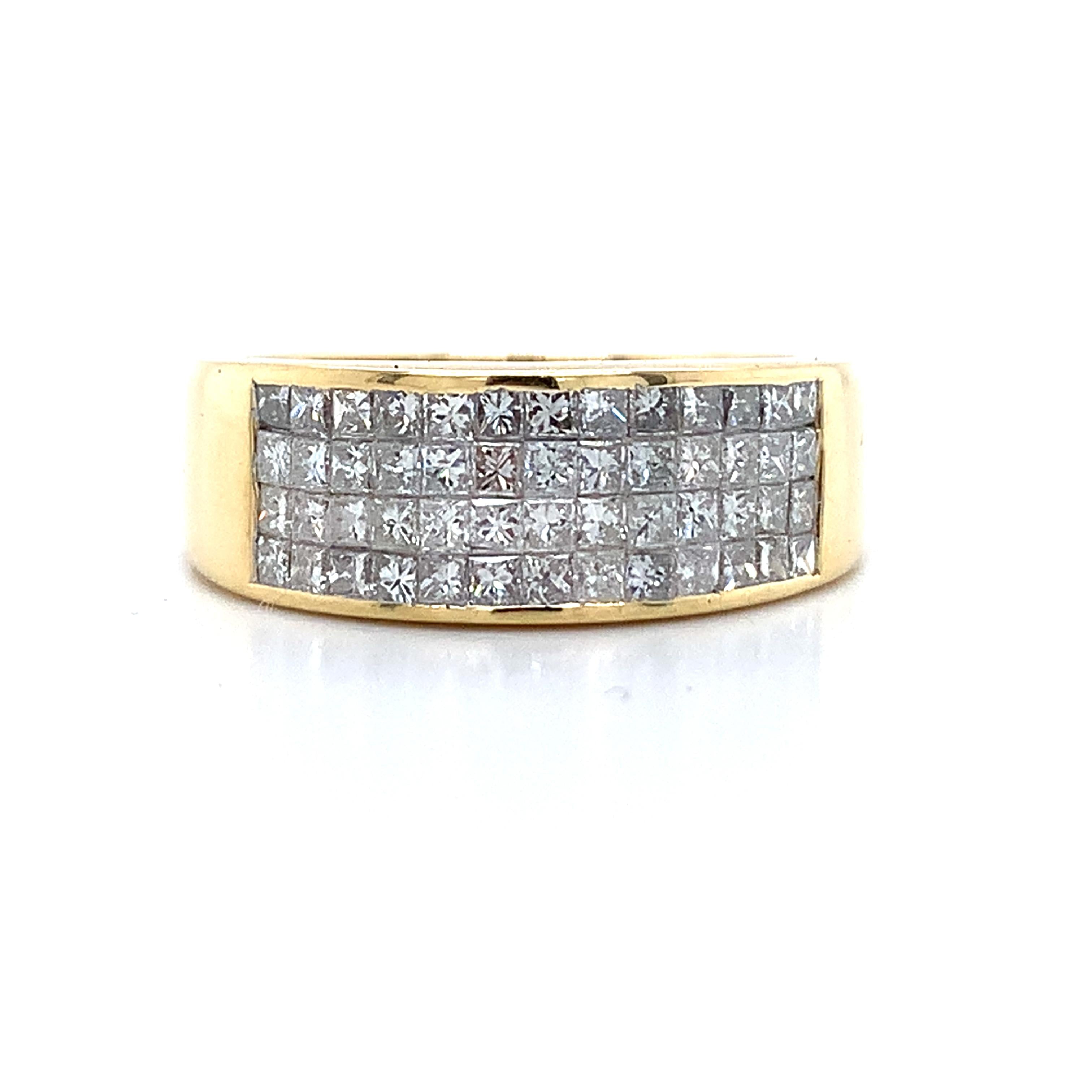 Men's 18K Yellow Gold Invisible Set Princess Diamond Wide Band Ring Size 7