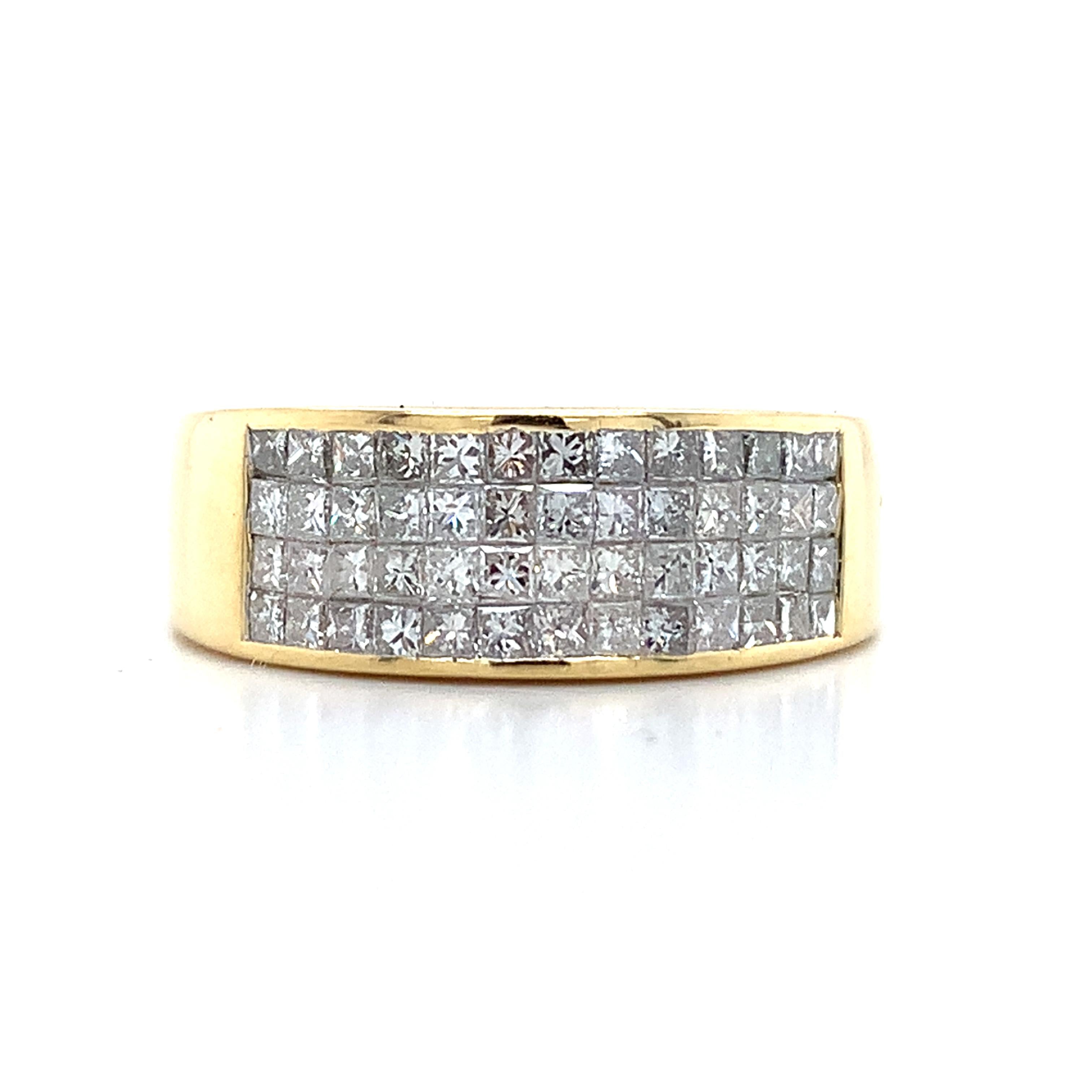 Men's 18K Yellow Gold Invisible Set Princess Diamond Wide Band Ring Size 7
