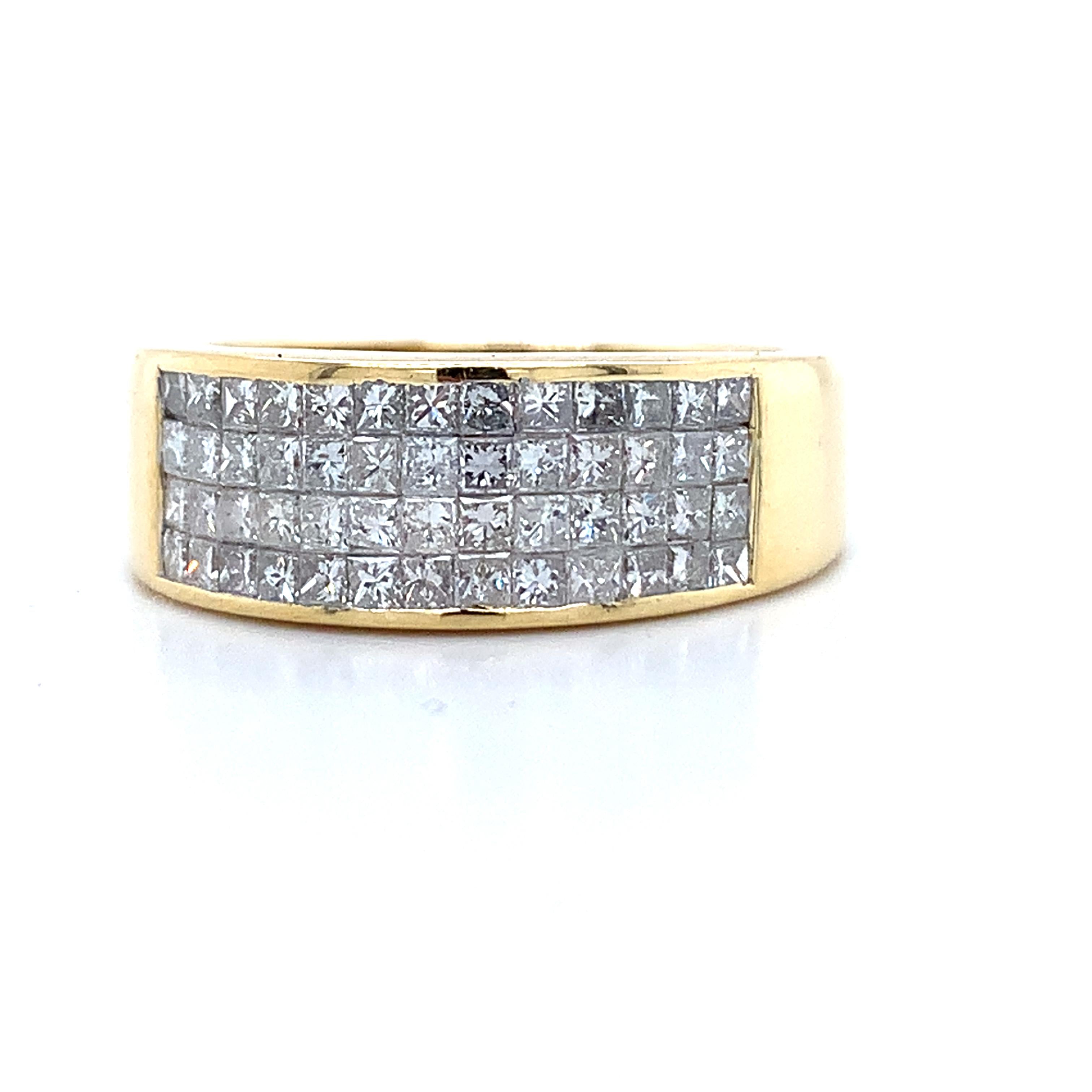 Men's 18K Yellow Gold Invisible Set Princess Diamond Wide Band Ring Size 7