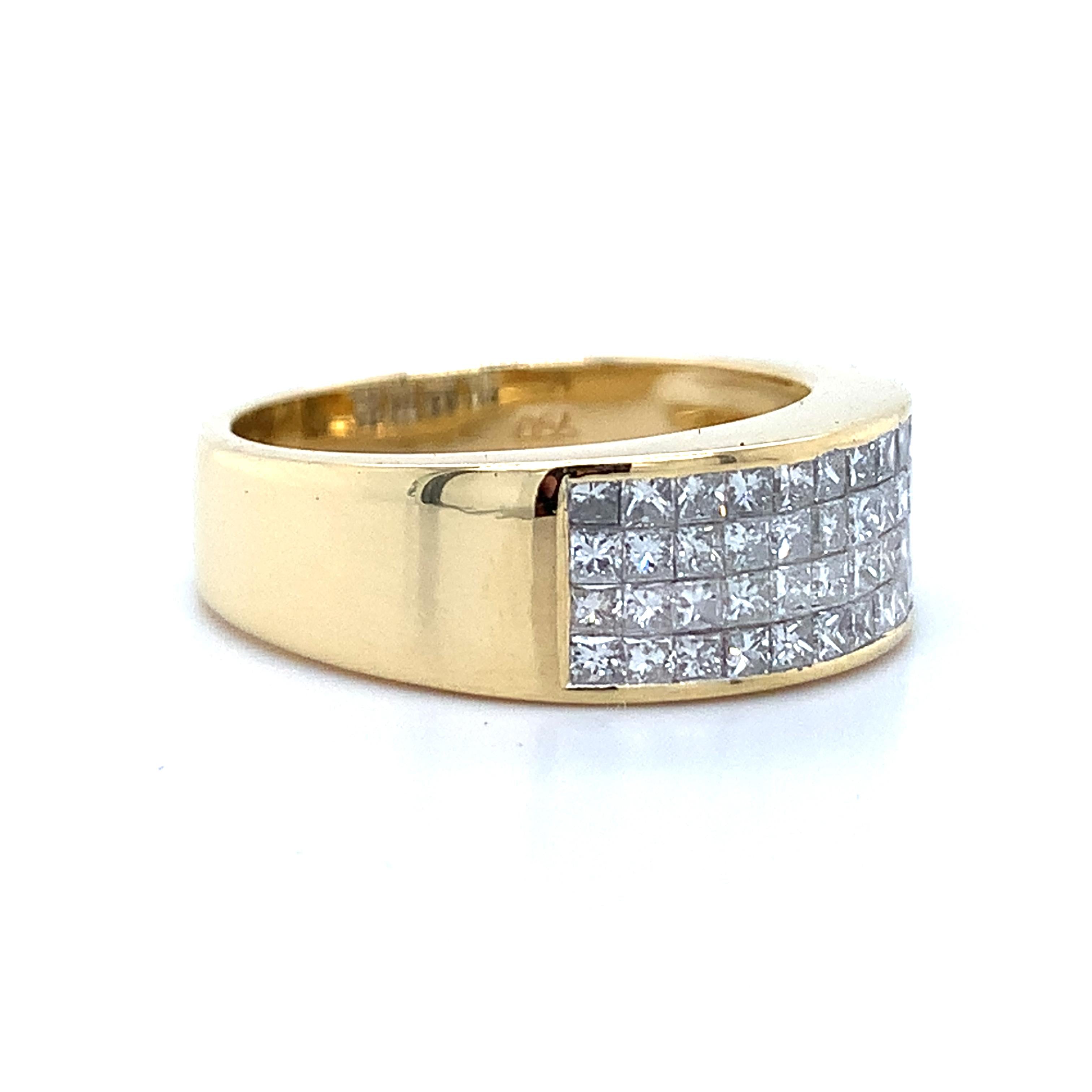 Men's 18K Yellow Gold Invisible Set Princess Diamond Wide Band Ring Size 7