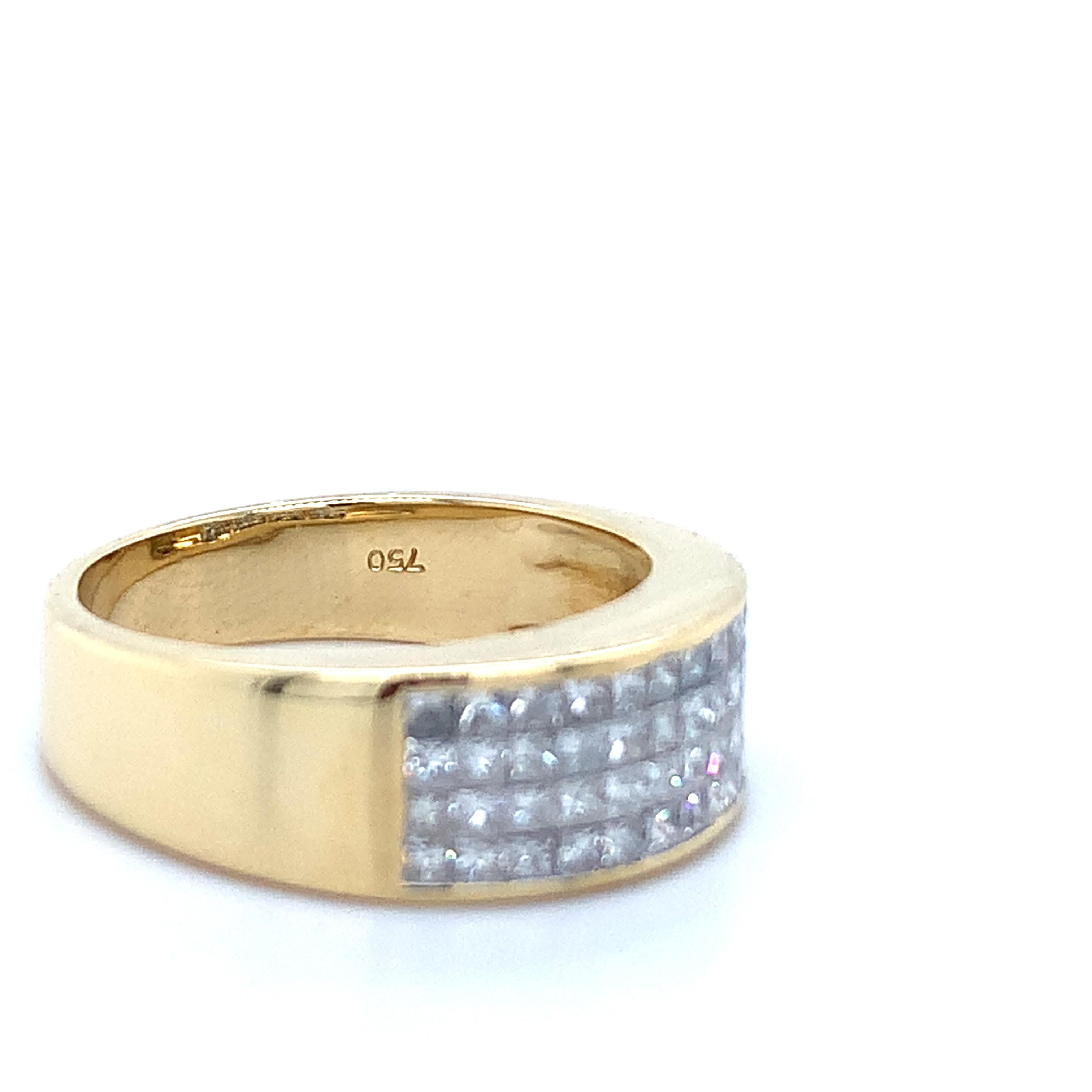 Men's 18K Yellow Gold Invisible Set Princess Diamond Wide Band Ring Size 7