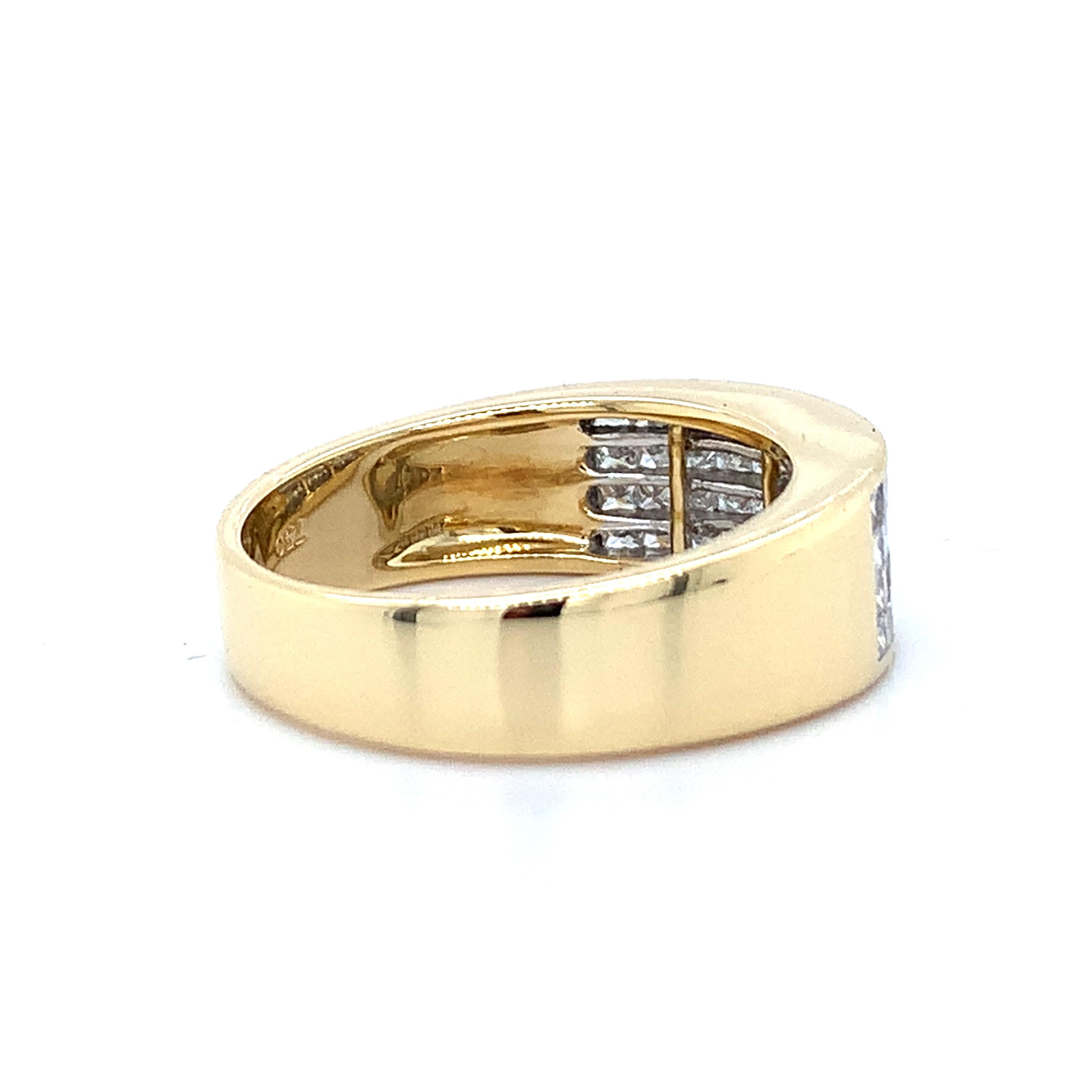 Men's 18K Yellow Gold Invisible Set Princess Diamond Wide Band Ring Size 7