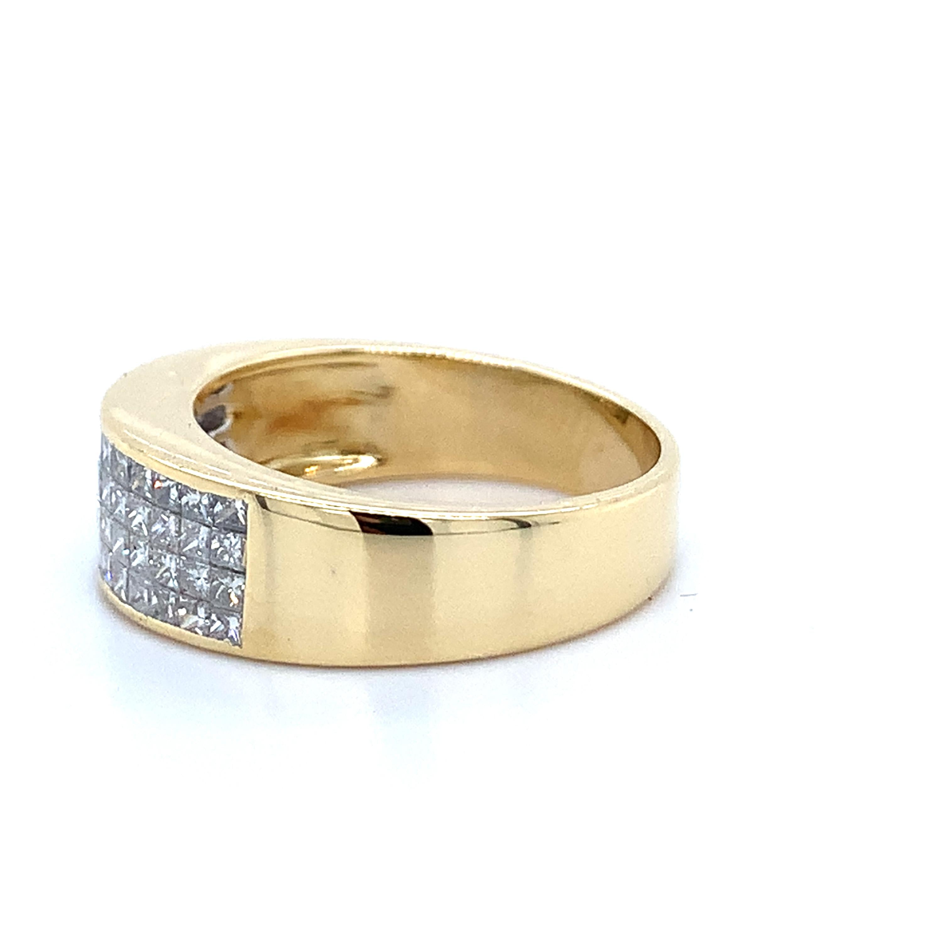 Men's 18K Yellow Gold Invisible Set Princess Diamond Wide Band Ring Size 7